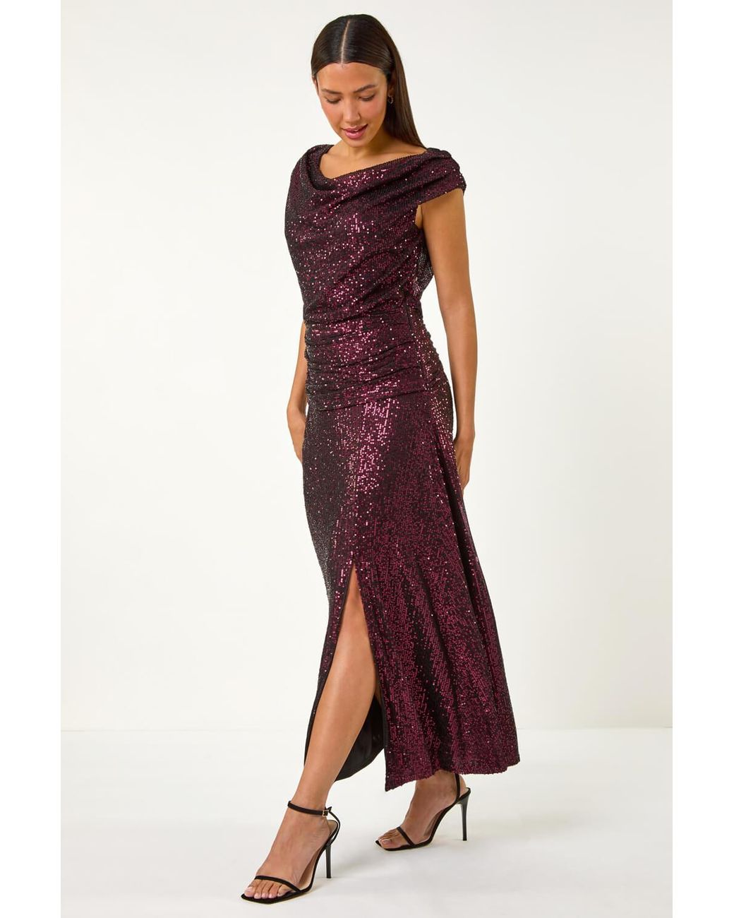 Roman Red Sequin Cowl Neck Maxi Stretch Dress