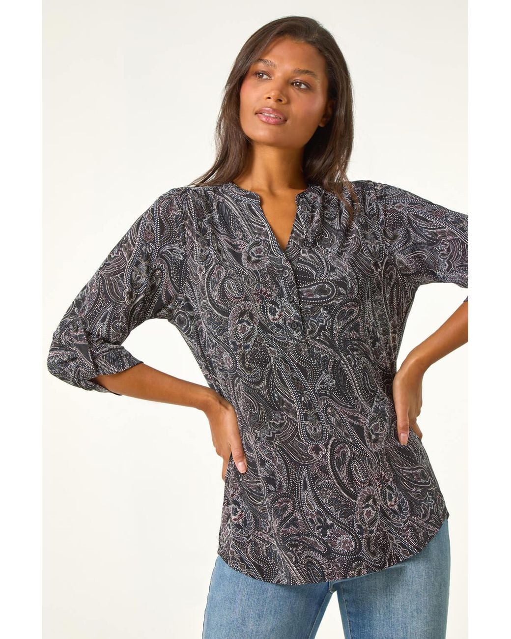 Roman Gray Paisley Print Stretch Blouse