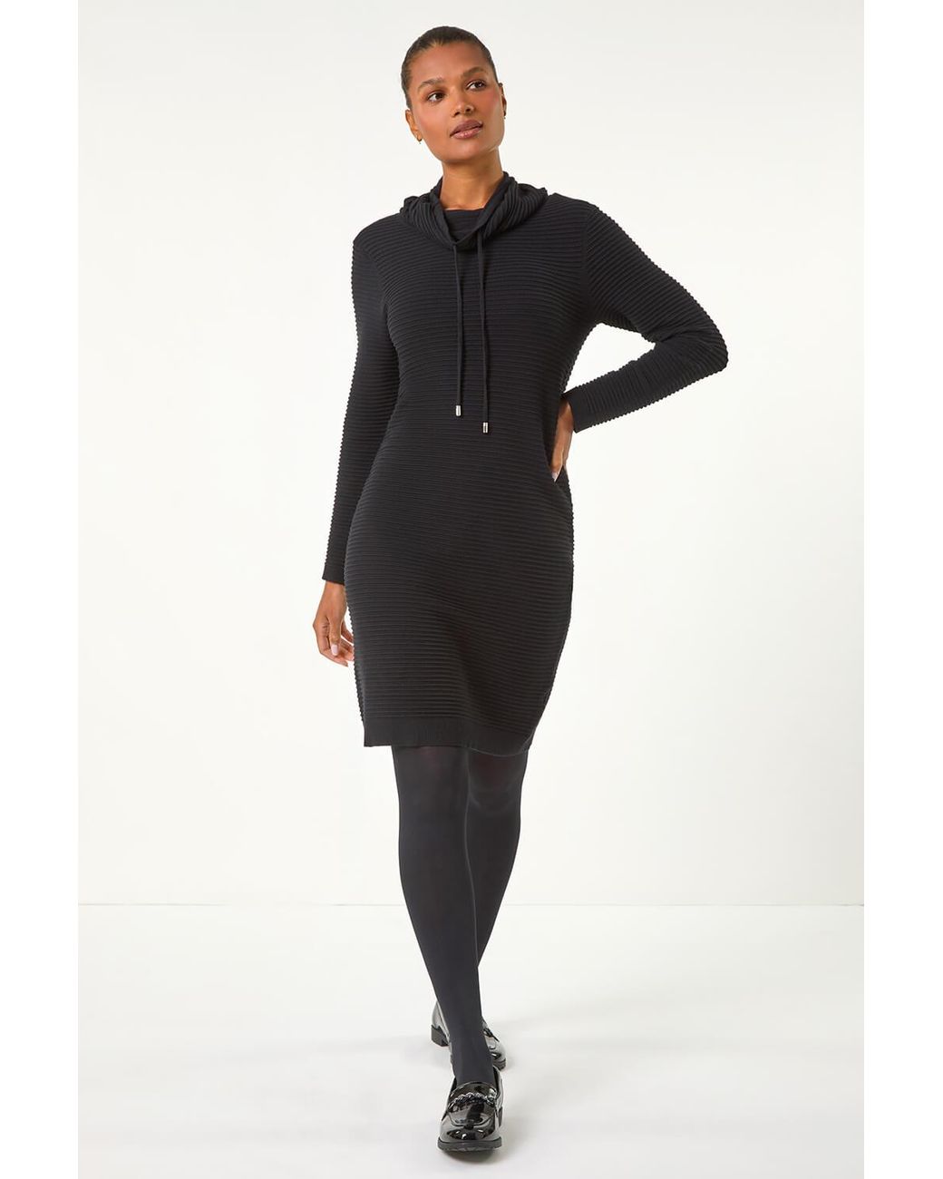 Roman Black Ribbed Cowl Neck Jumper Dress