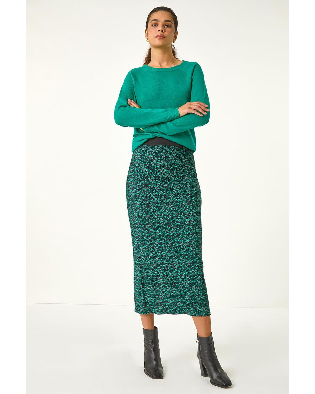 Roman Green Plisse Spot Print Stretch Maxi Skirt