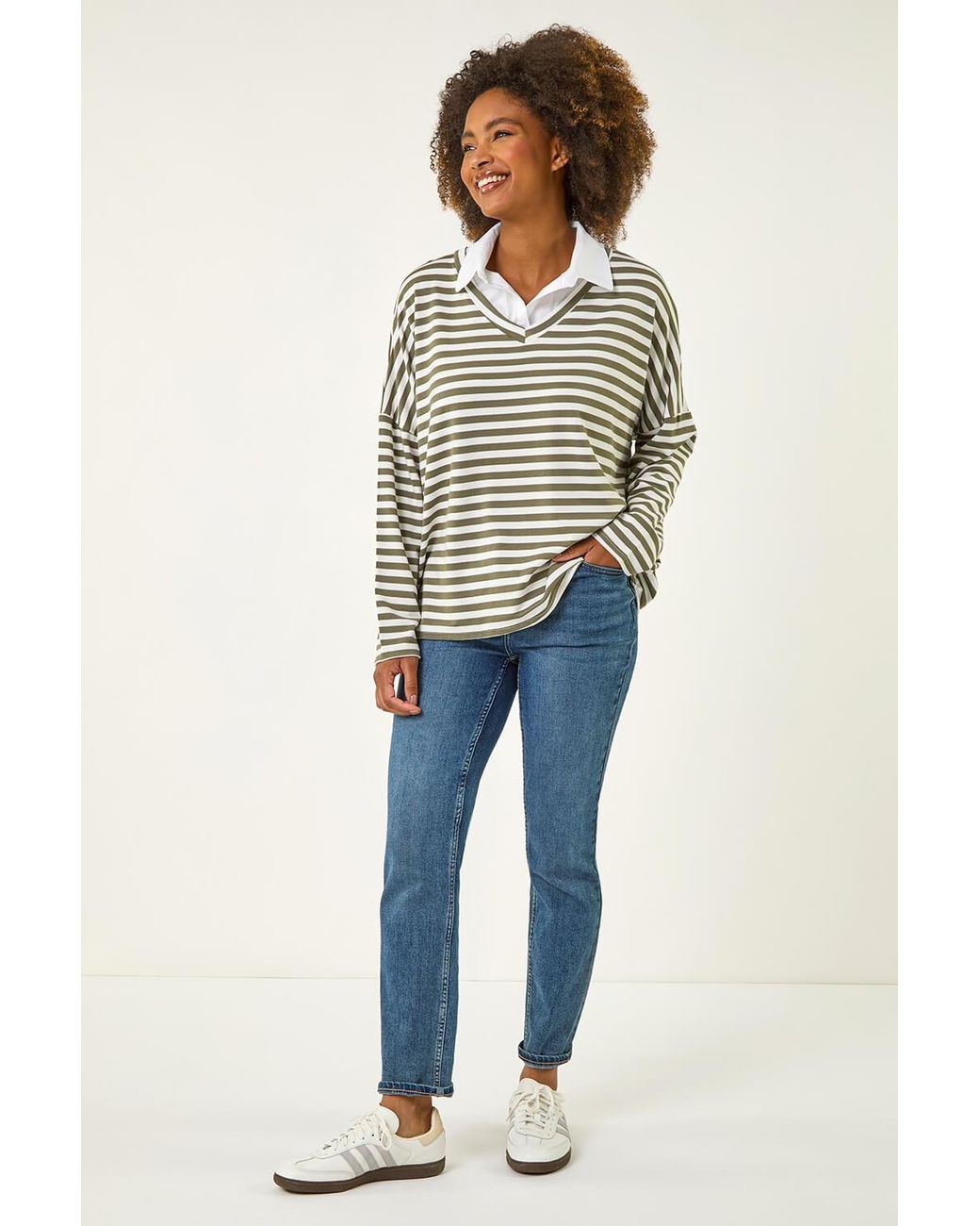 Roman White Stripe Mock Shirt Top