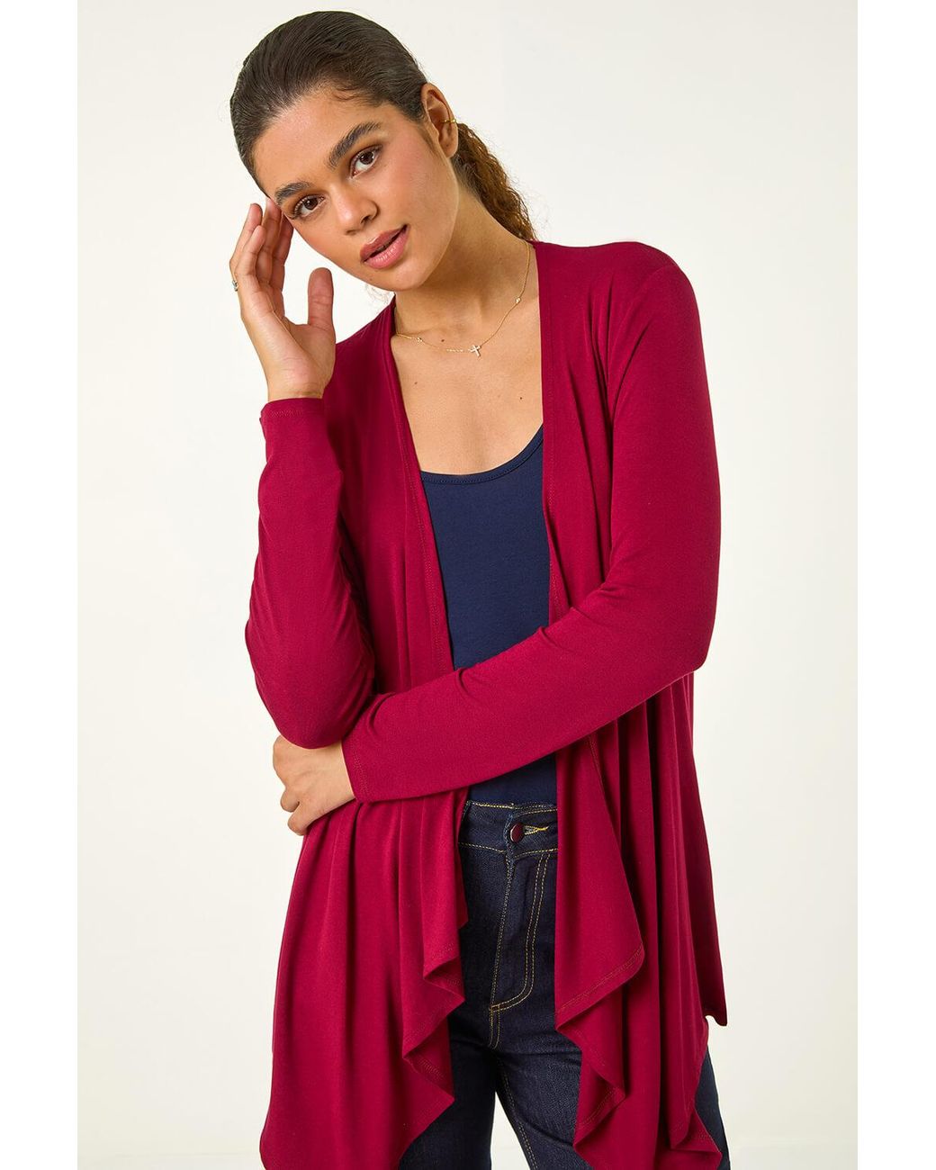 Roman Red Waterfall Front Jersey Knit Cardigan