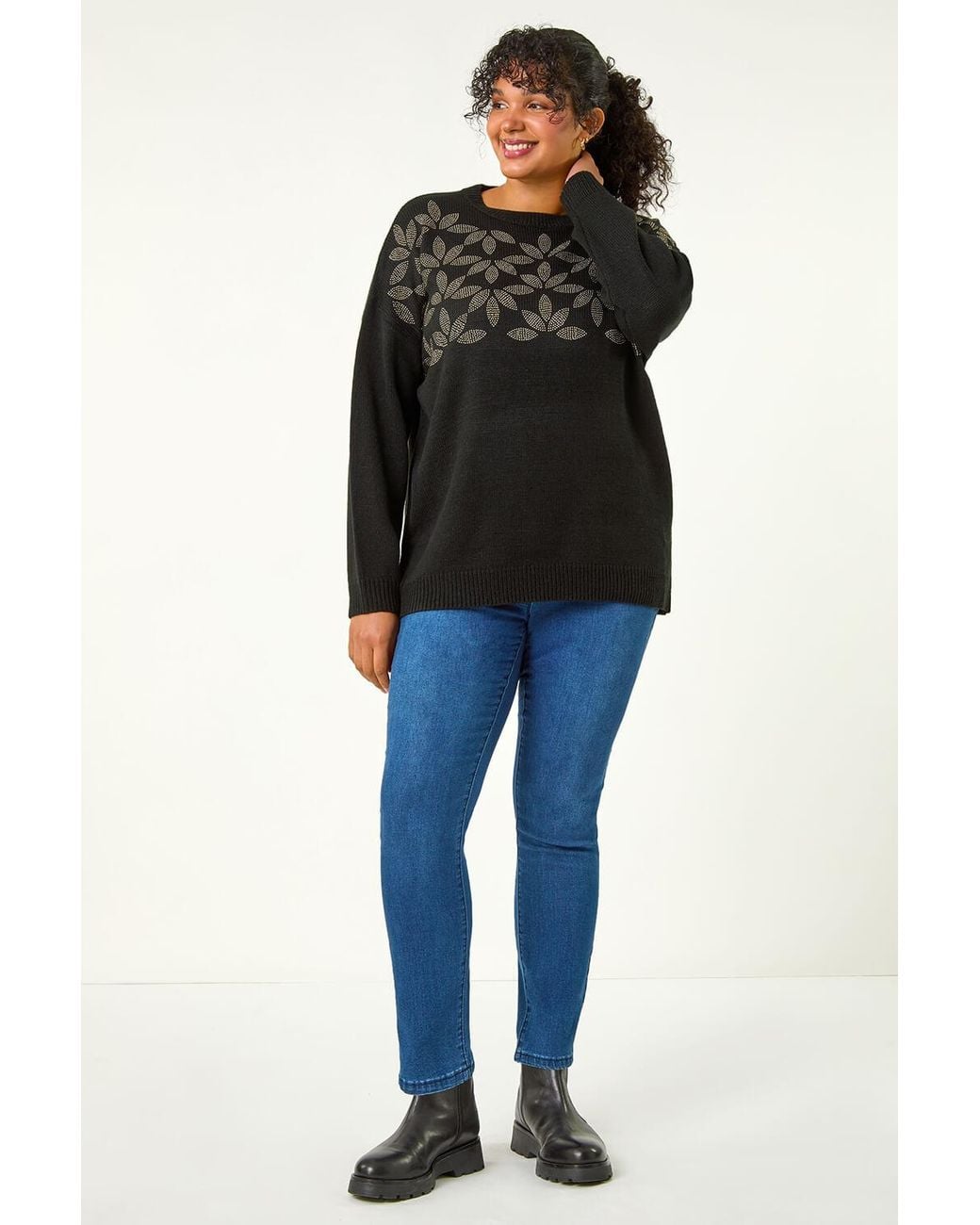 Roman Curve Black Leaf Print Hotfix Knit Jumper