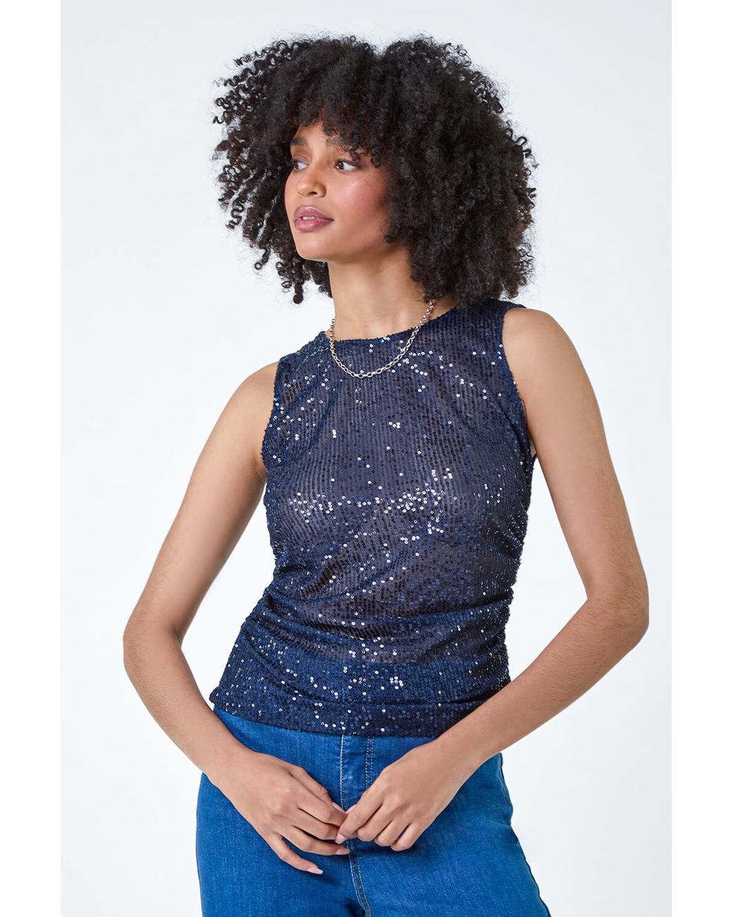 Roman Blue Sequin Embellished Stretch Vest Top