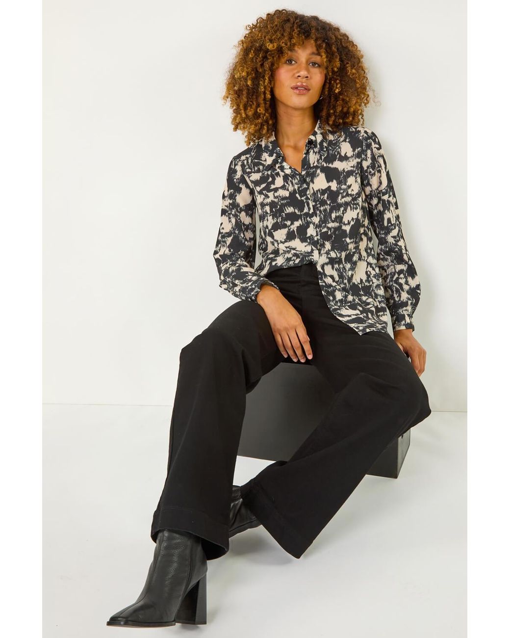 Roman Black Abstract Print Collar Button Detail Blouse