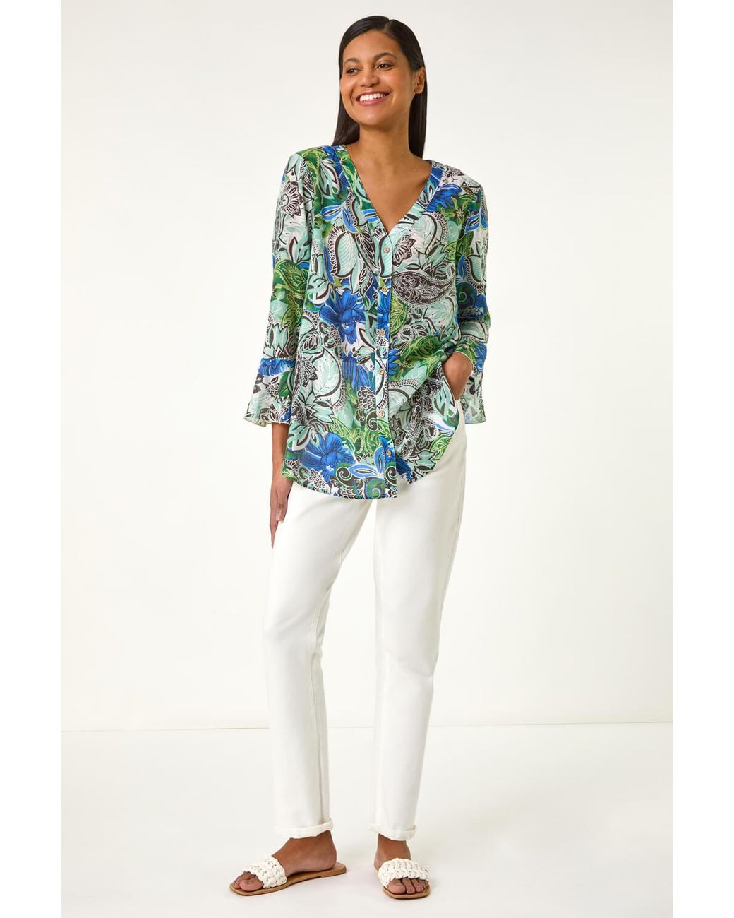 Roman Blue Paisley V-Neck Blouse