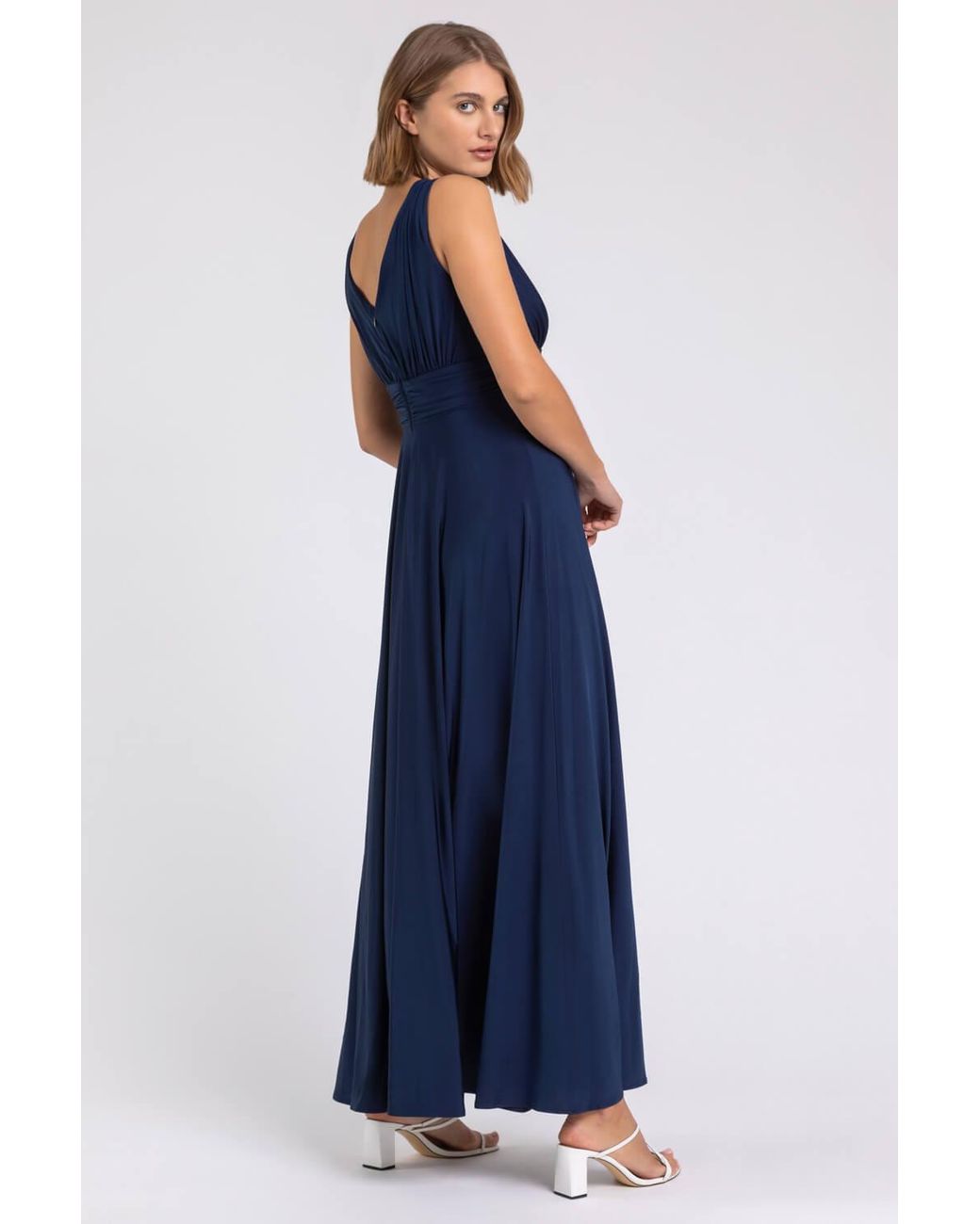 Roman Blue Ruched Sleeveless Stretch Maxi Dress