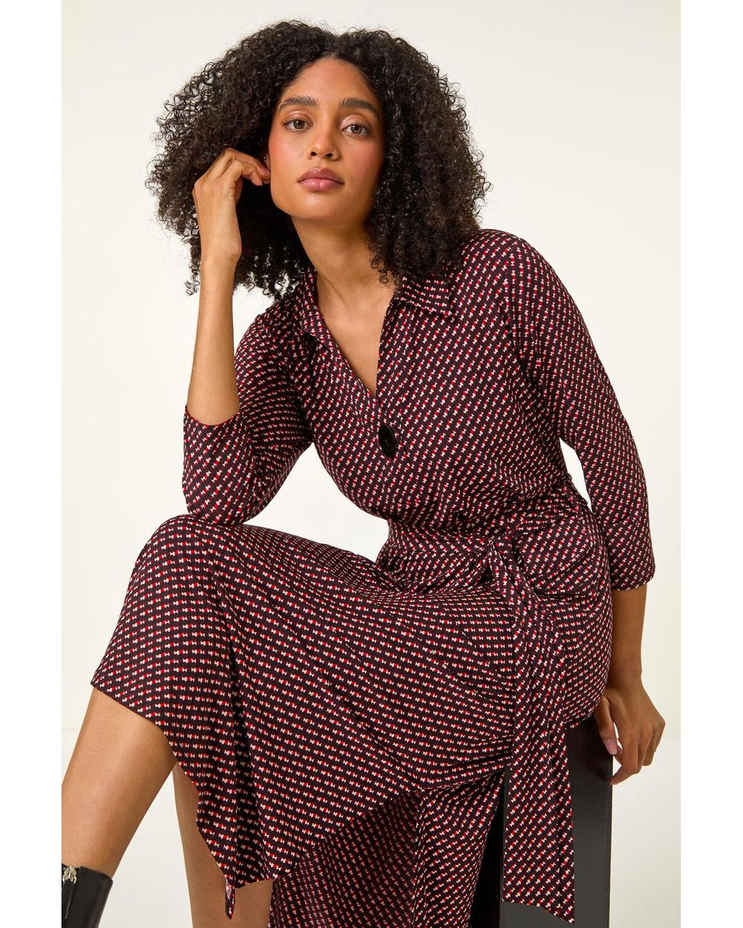 Roman Red Geometric Stretch Shirt Midi Dress