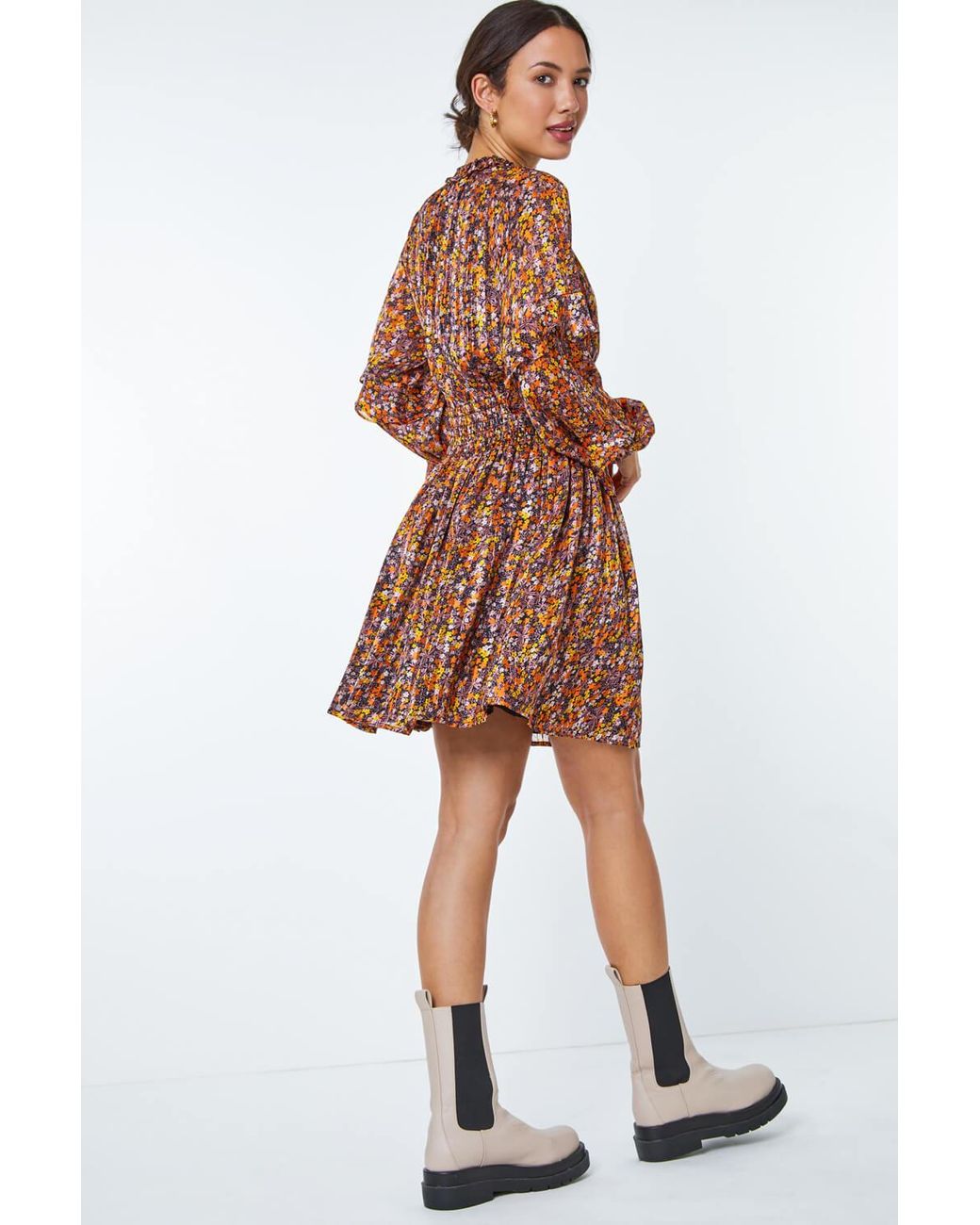 D.u.s.k Brown Floral Print Chiffon Frill Mini Dress