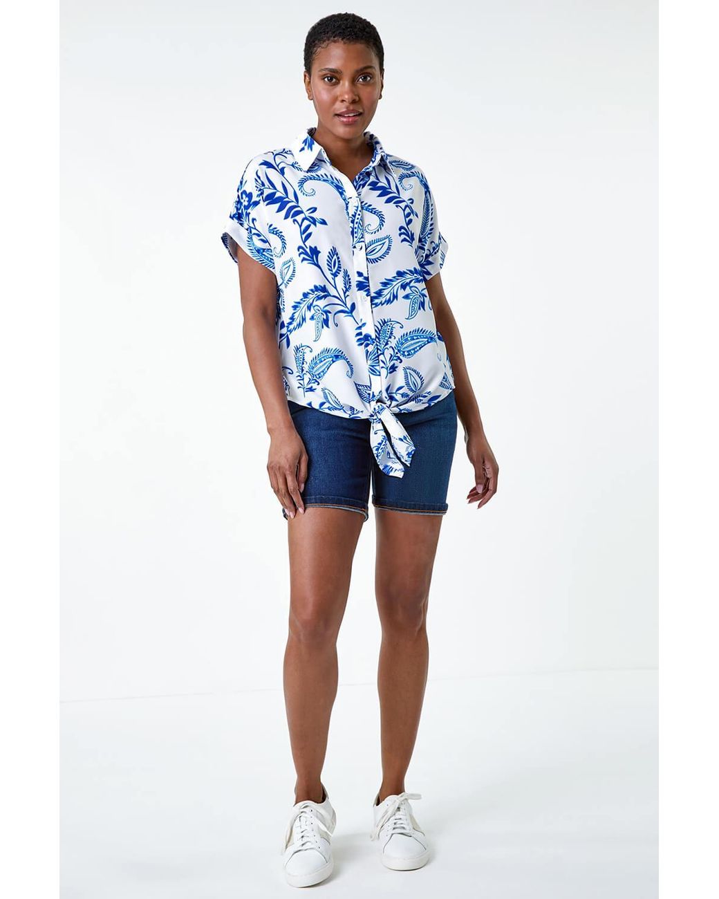 Roman Blue Paisley Leaf Print Tie Front Top
