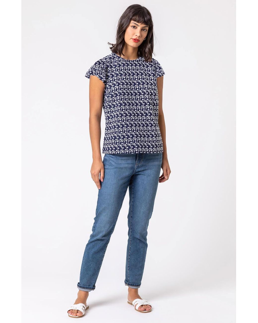Roman Blue Broderie Spot Frill Sleeve Detail Top