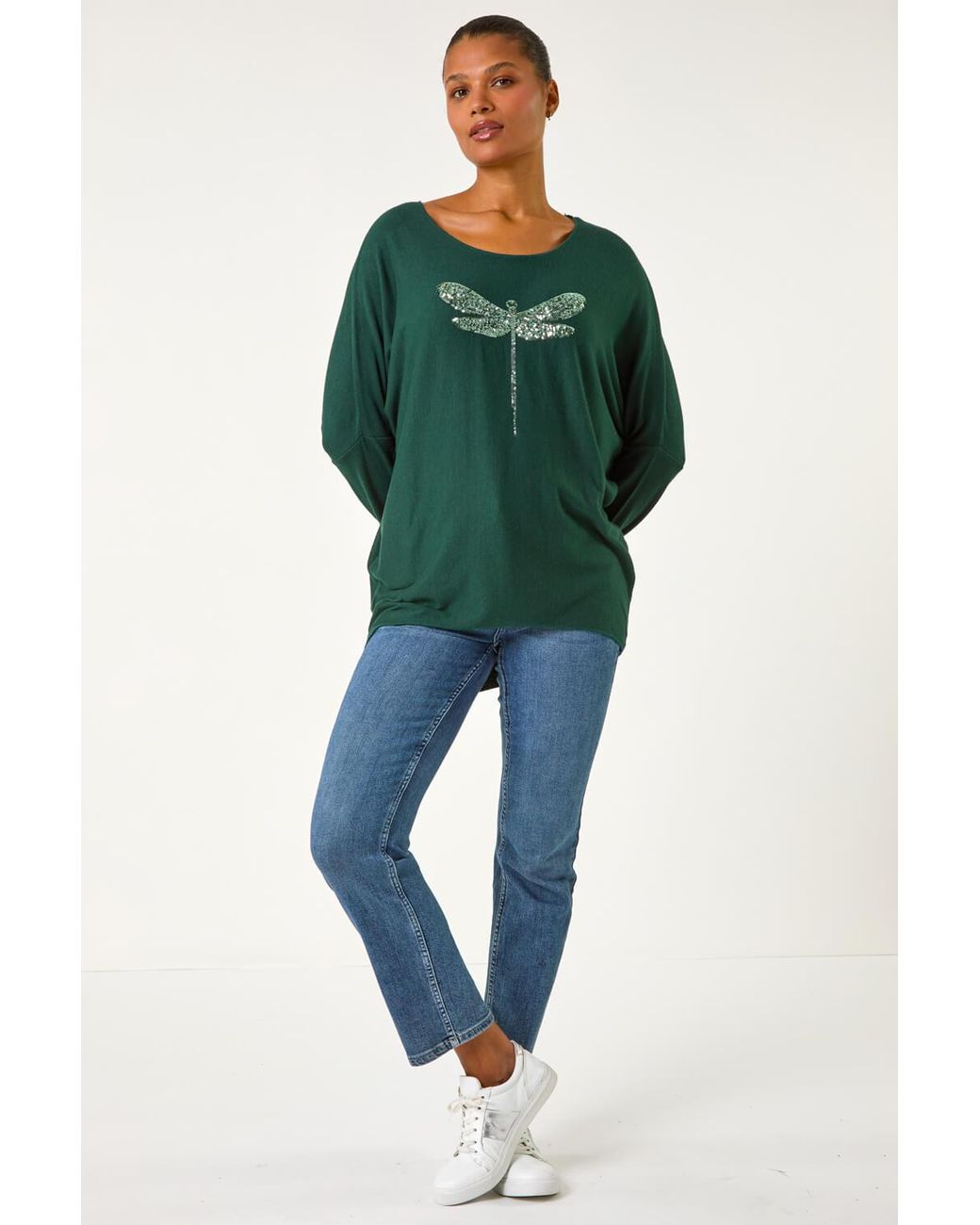 Roman Green Dragonfly Print Sequin Knitted Stretch Top