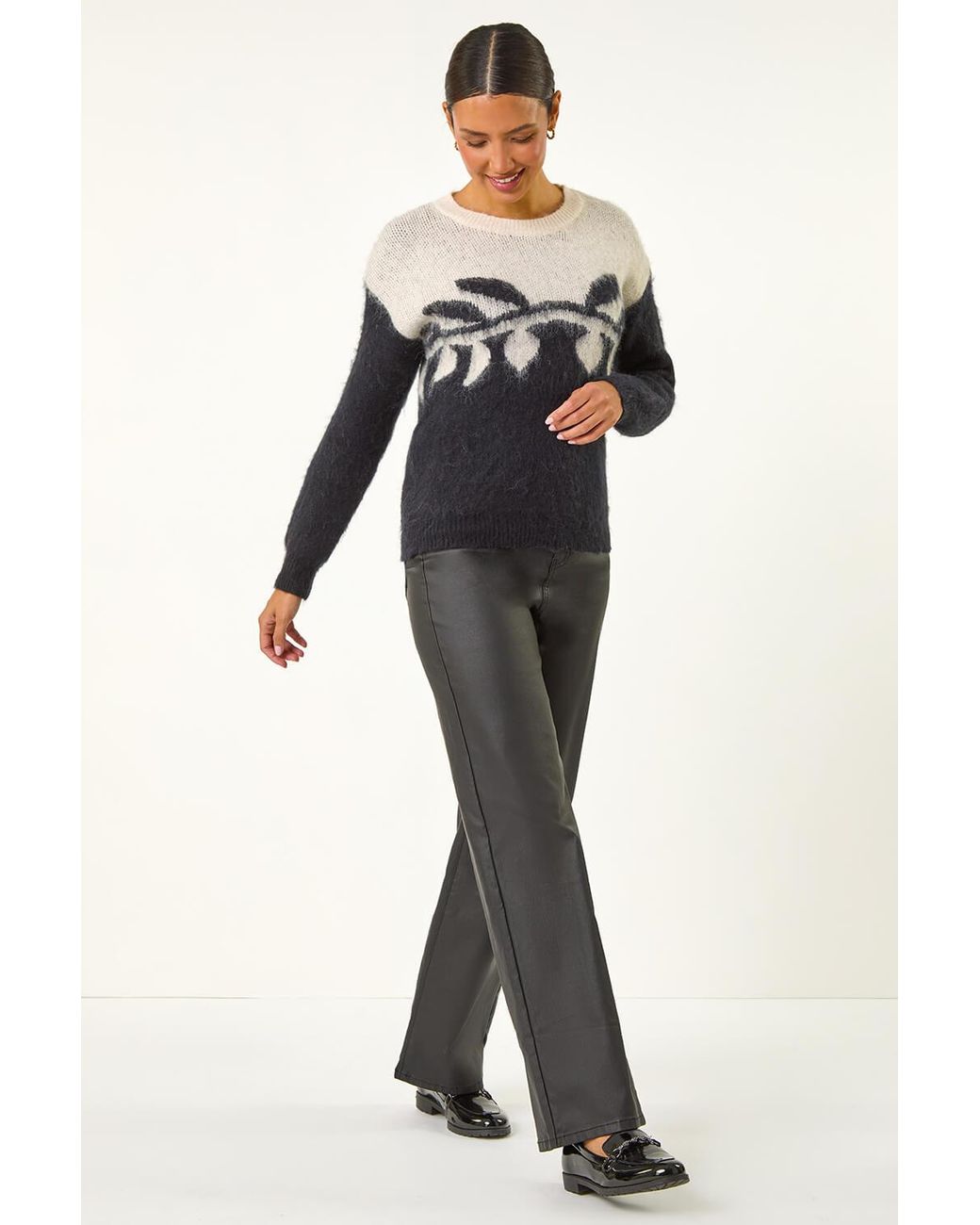 Roman Black Leaf Jacquard Crew Neck Knit Jumper