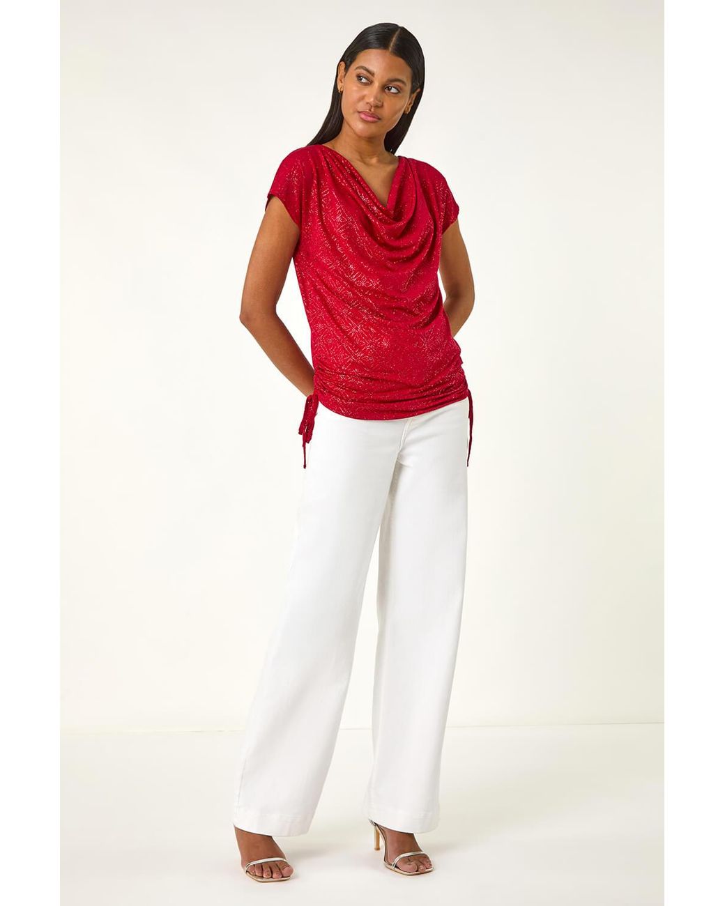 Roman Red Sparkle Cowl Neck Tie Side Top