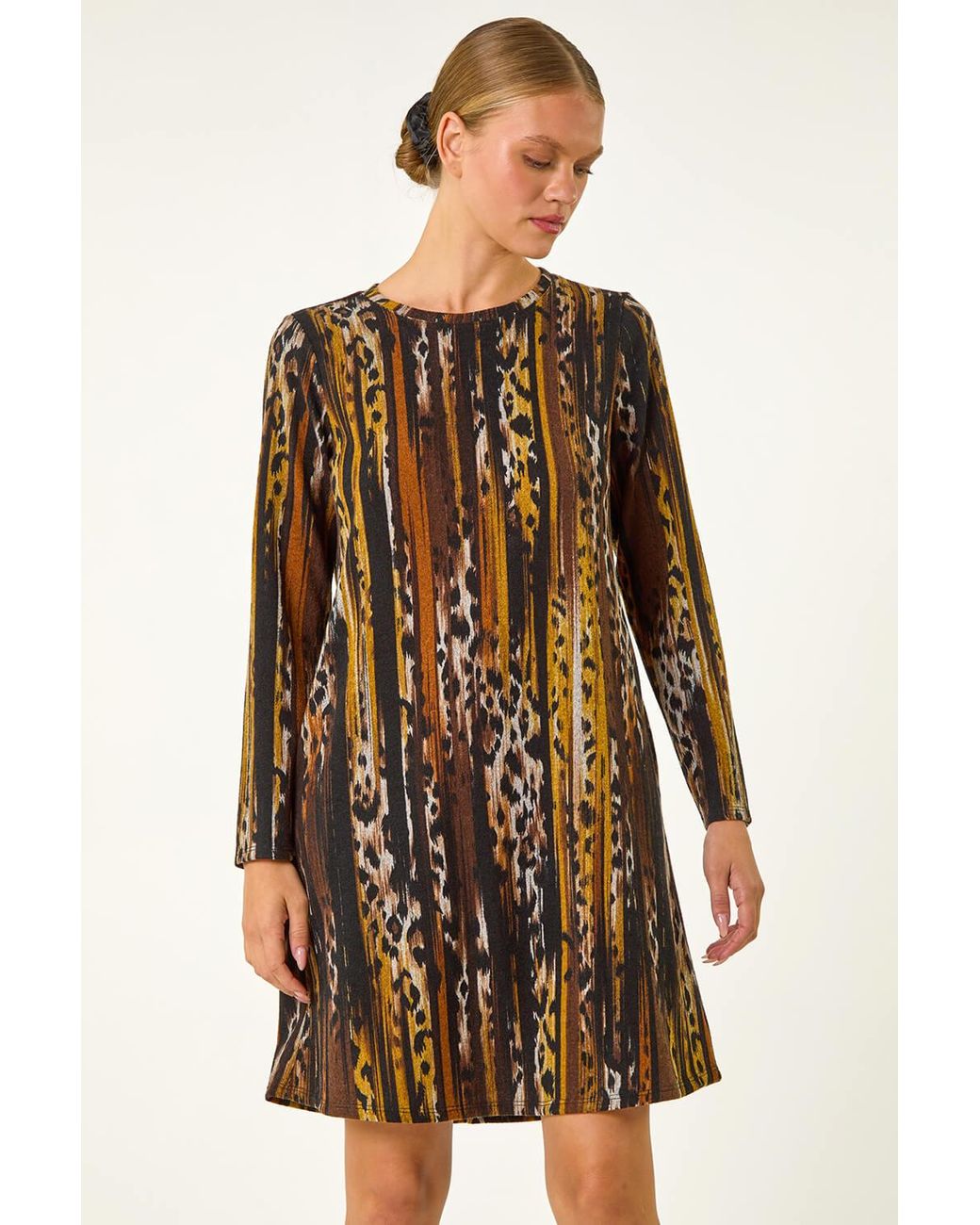 Roman Natural Animal Print Shift Midi Dress