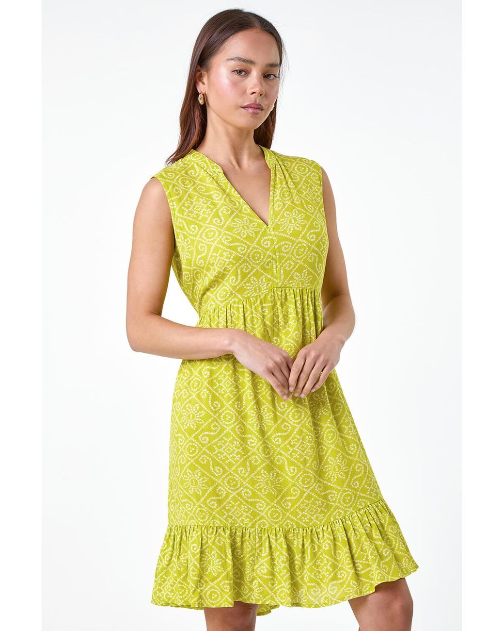 Roman Petite Yellow Aztec Print Tiered Tunic Dress