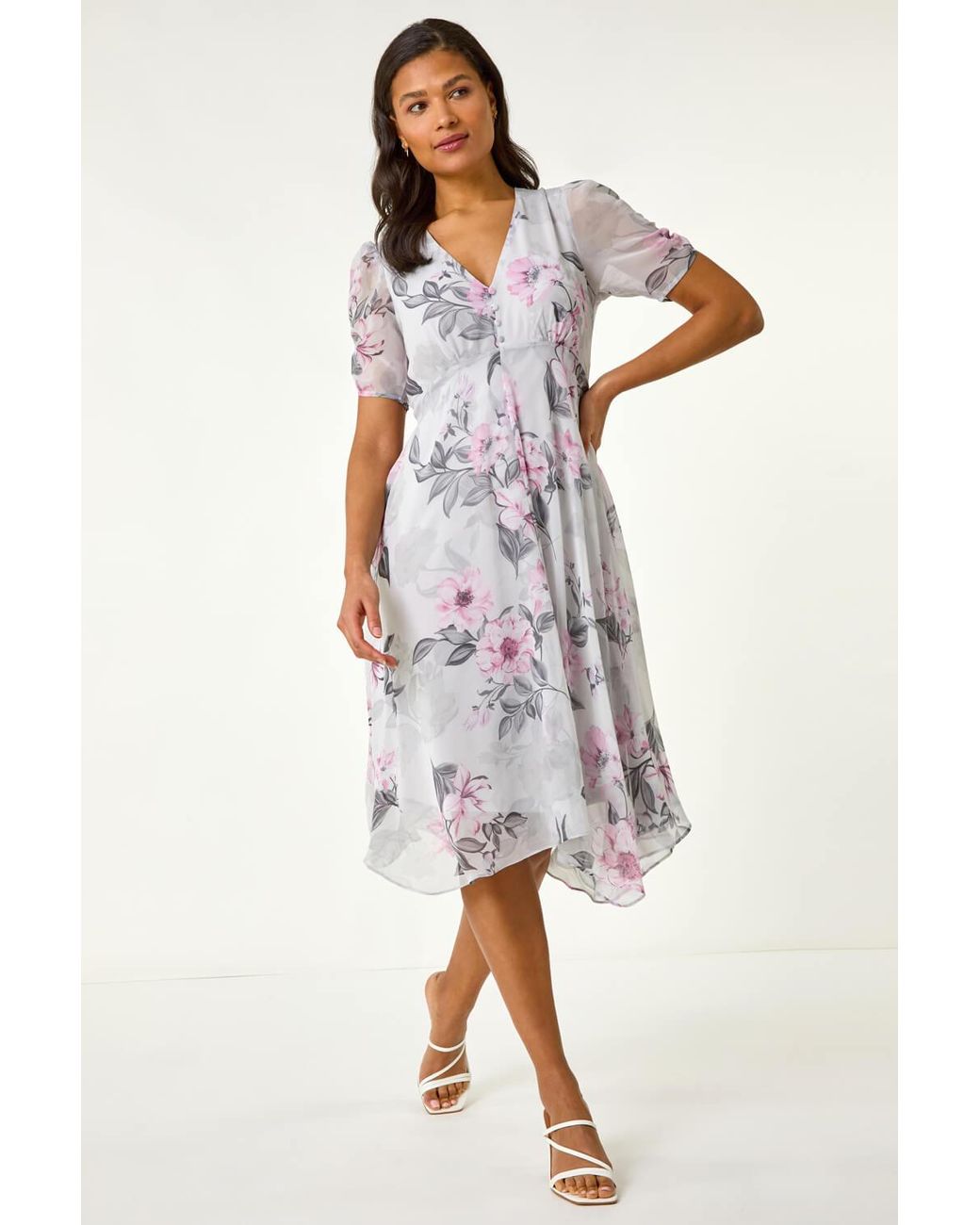 Roman Pink Floral Print Hanky Hem Midi Dress