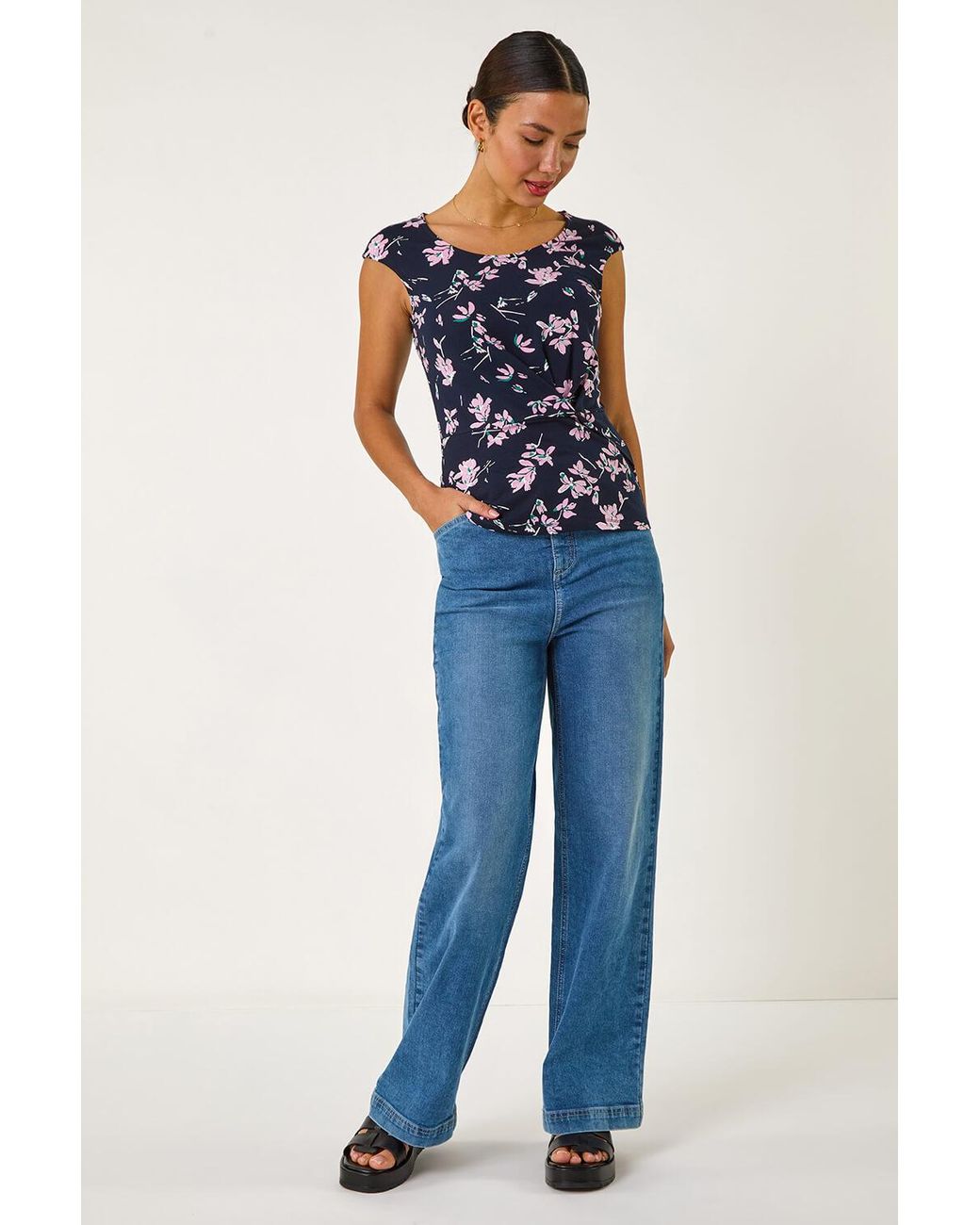 Roman Blue Floral Twist Front Top
