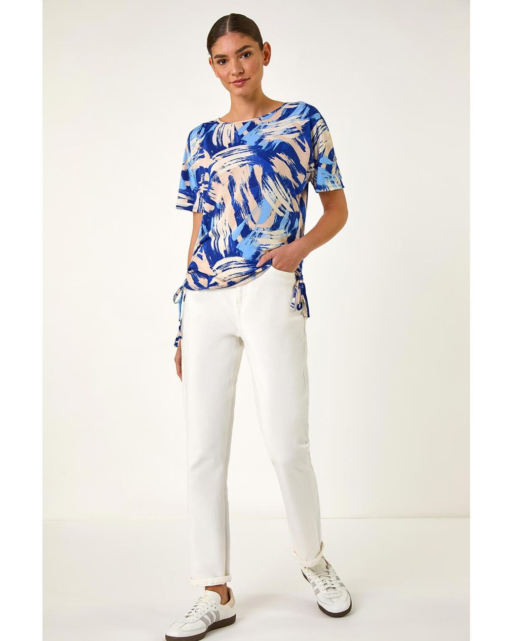 Roman Blue Abstract Print Side Tie Detail Top