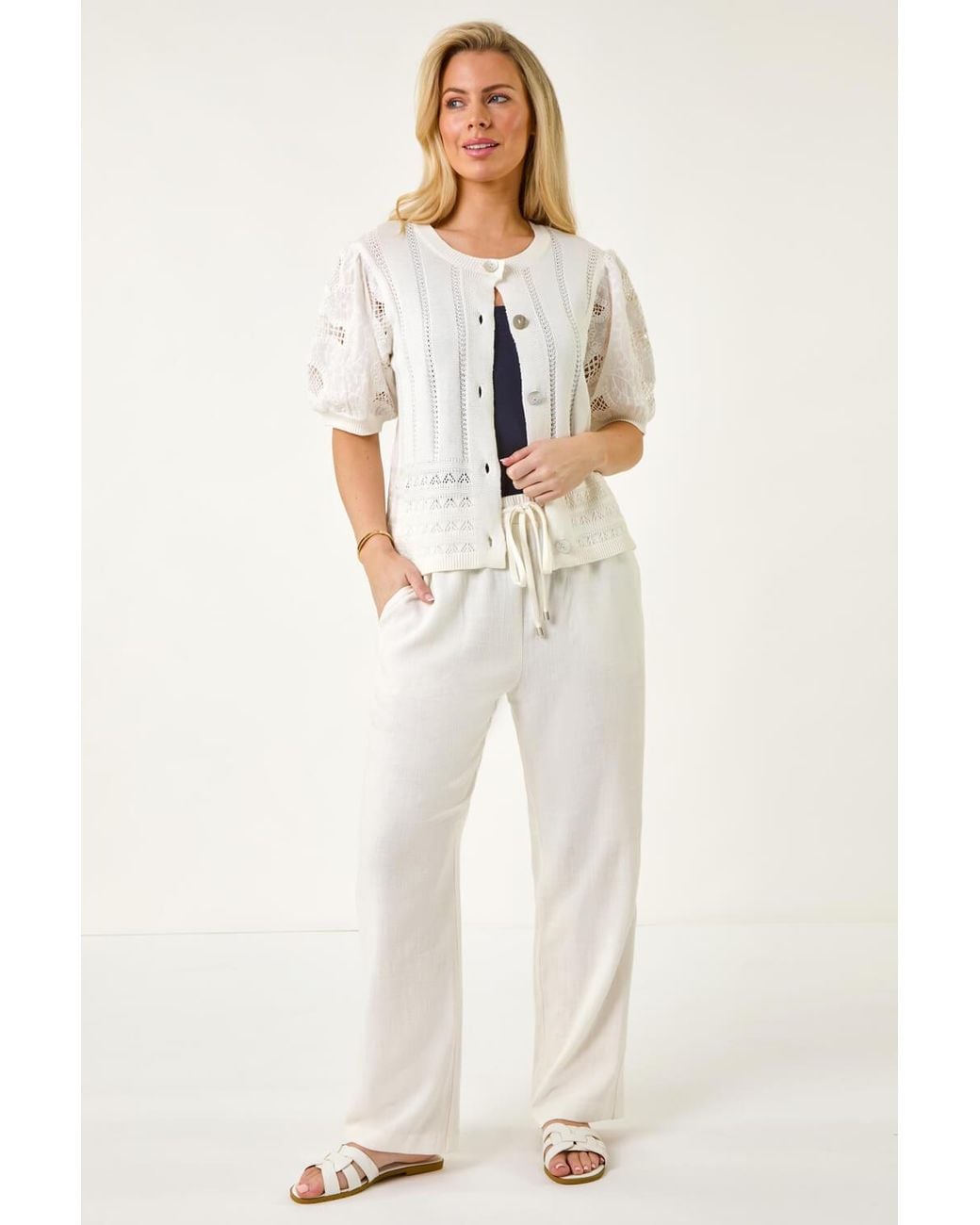 Roman Petite White Embroidered Sleeve Knit Cardigan