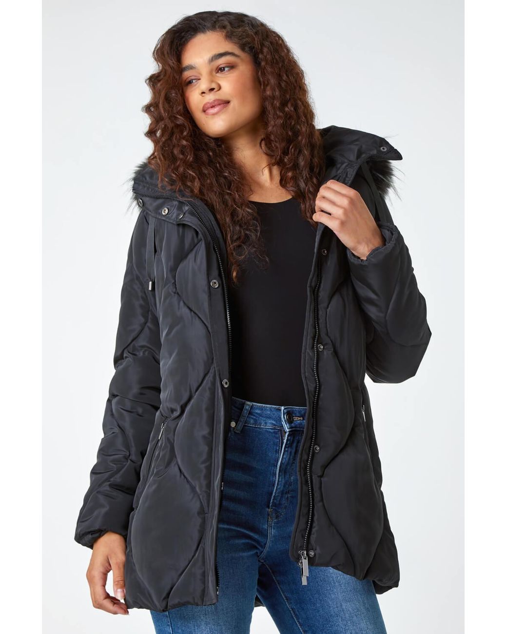 Roman Blue Quilted Faux Fur Hooded Coat