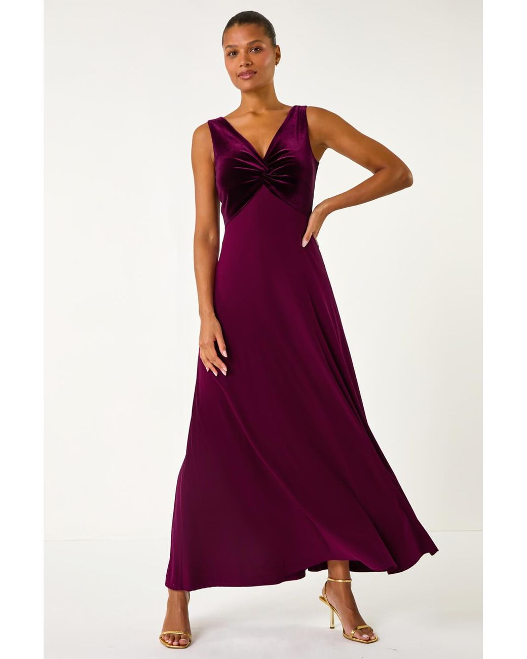 Roman Red Velvet Twist Front Maxi Stretch Dress