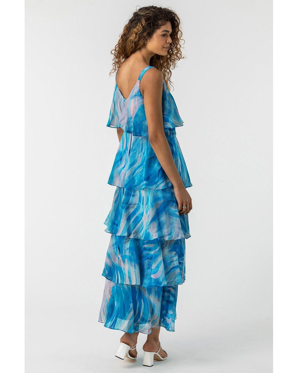 Roman Blue Abstract Print Chiffontiered Maxi Dress