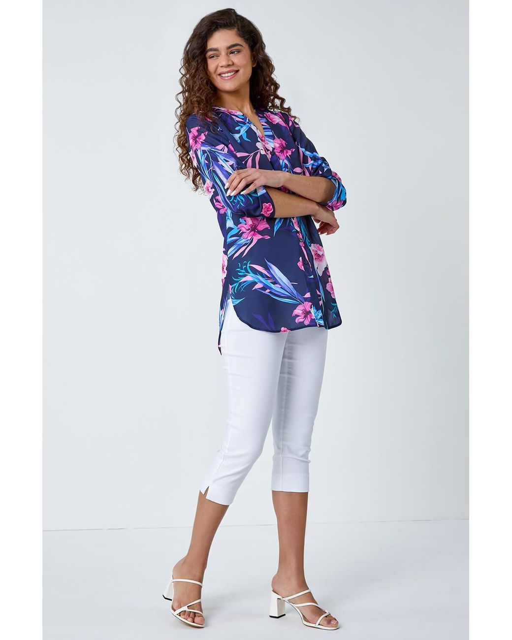 Roman Blue Tropical Print Longline Blouse