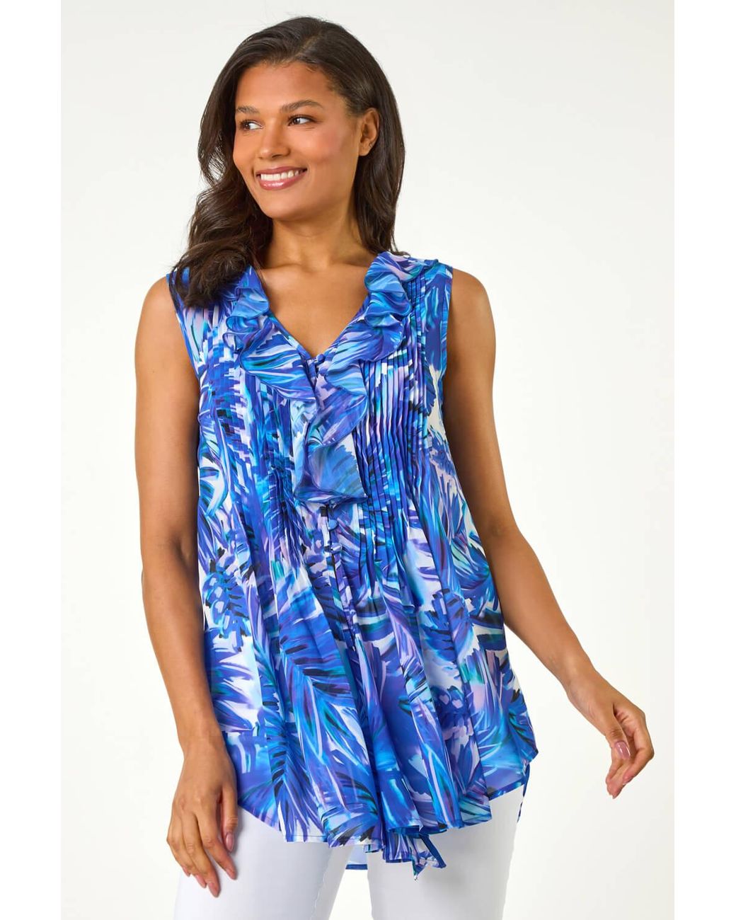 Roman Blue Leaf Print Ruffle Front Buttoned Blouse