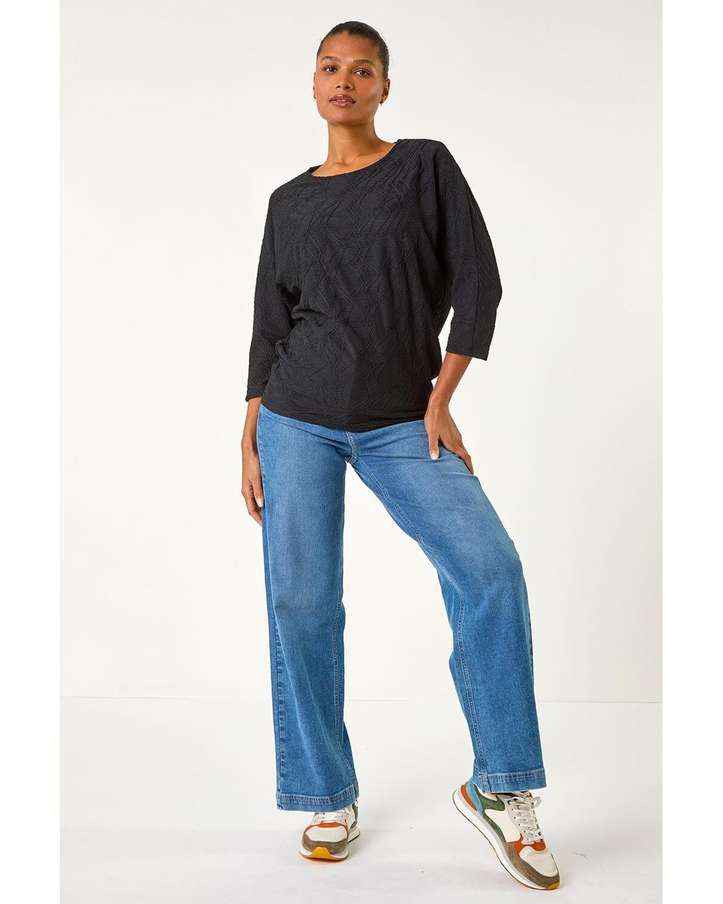 Roman Blue Textured Batwing Sleeve Top
