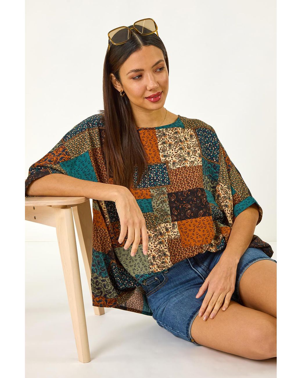 Roman Green Paisley Patchwork Print Woven Top