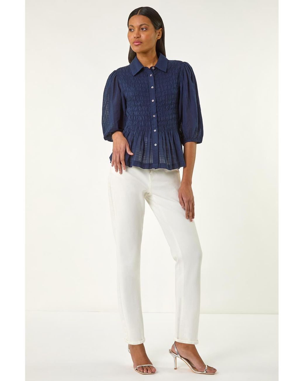 Roman Blue Collar Shirred Button Blouse