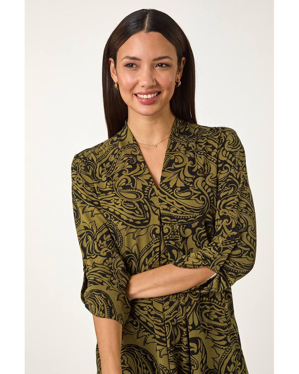 Roman Green Paisley Print Pleat V-Neck Stretch Top