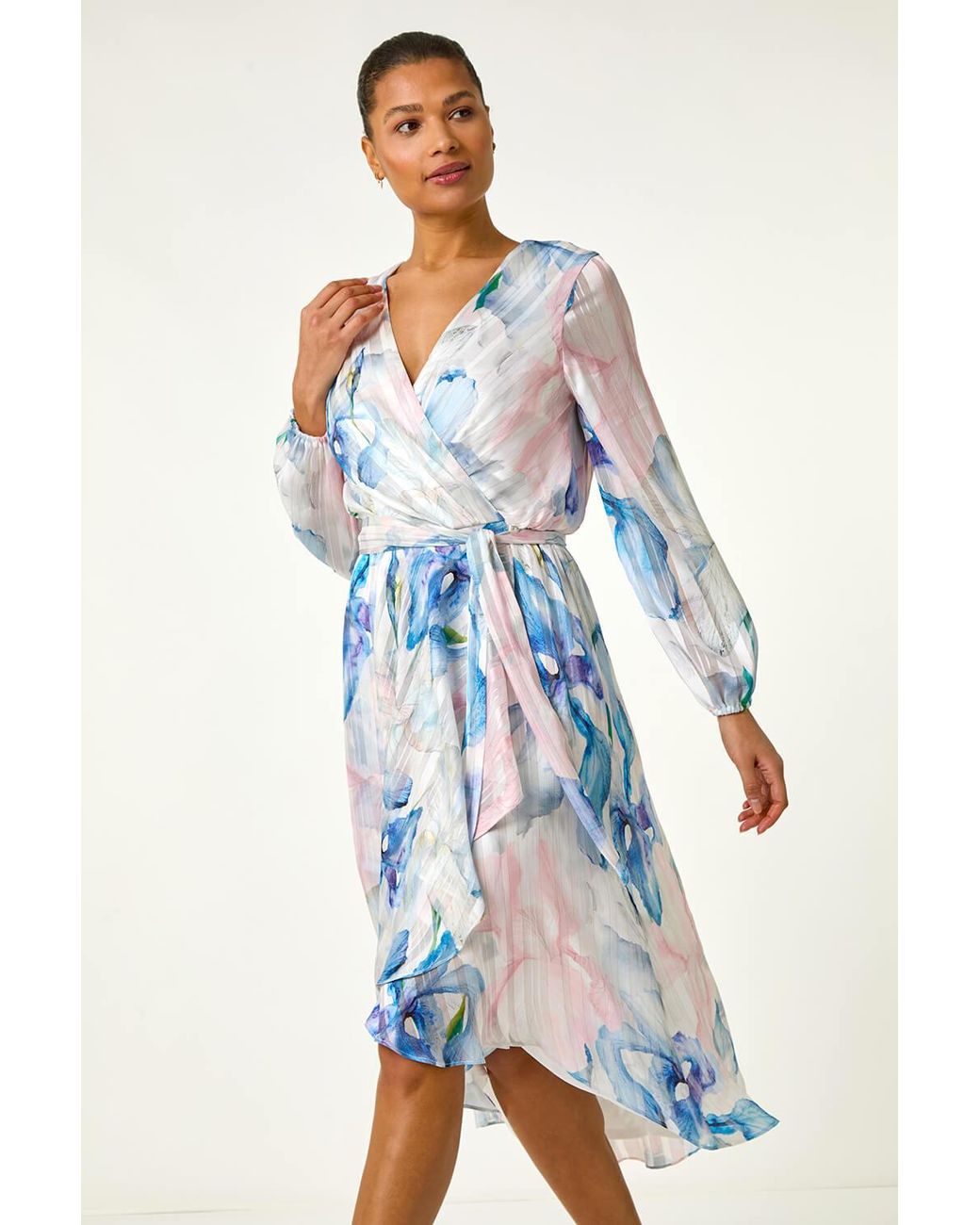 Roman Blue Ruffle Midi Wrap Dress