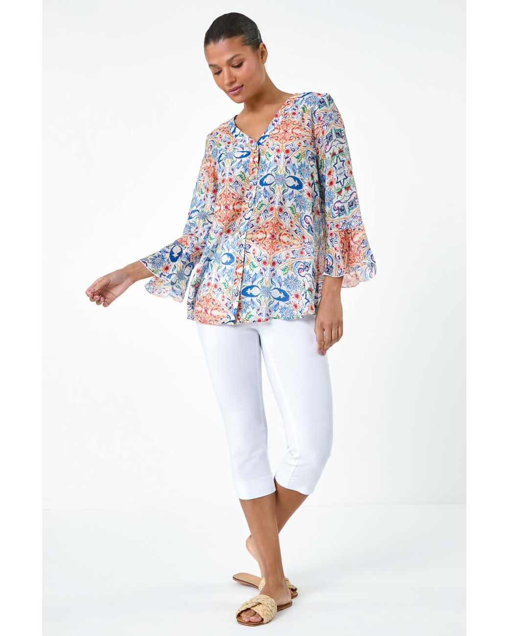 Roman Blue Abstract Floral Frill Sleeve Top