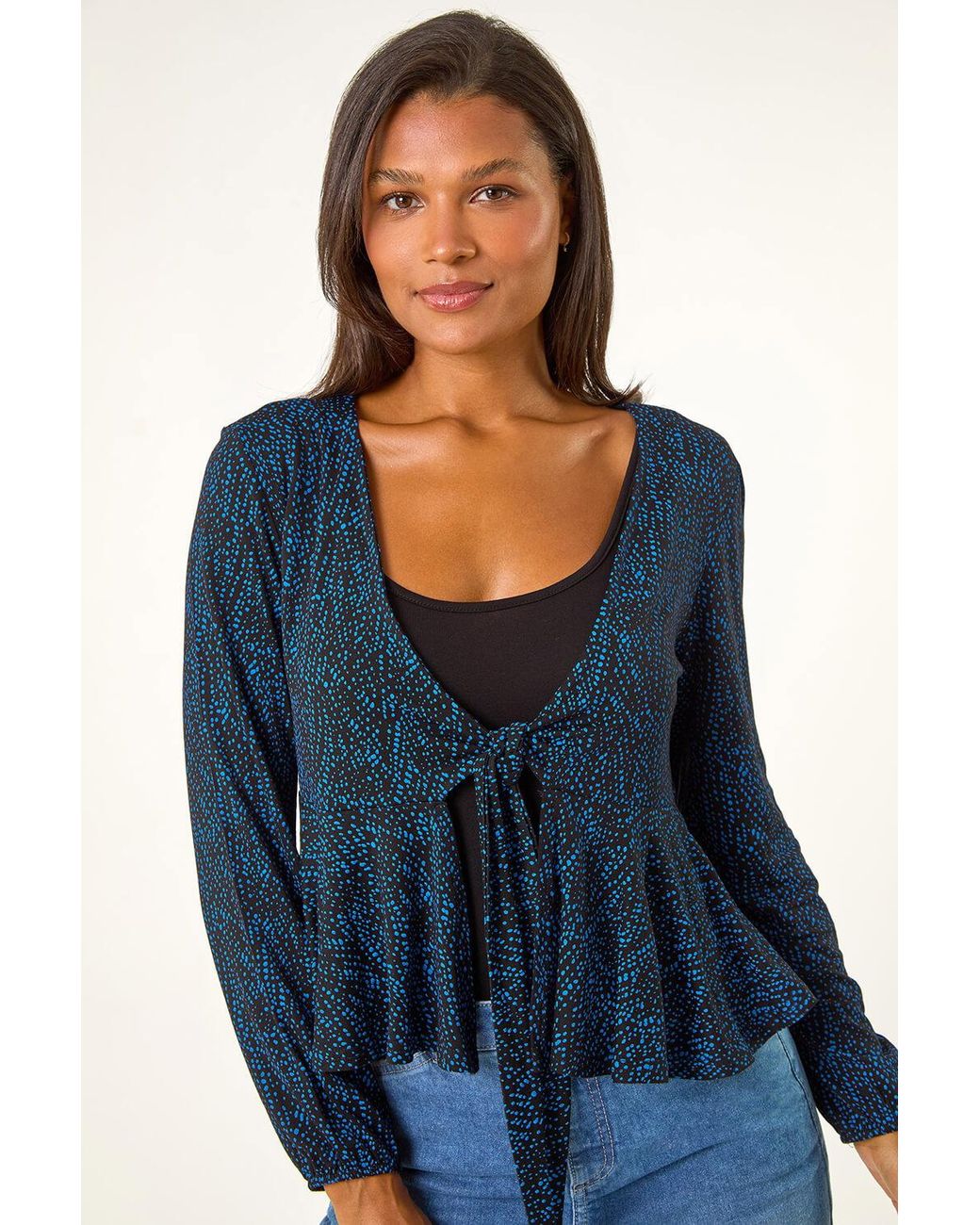 Roman Blue Abstract Print Tie-Front Frill Cardigan