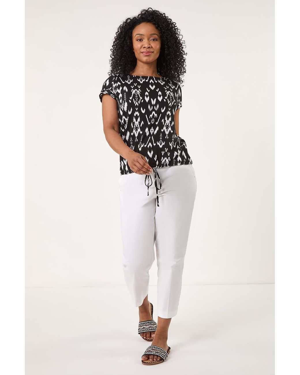 Roman Petite White Aztec Stretch Drawstring Top