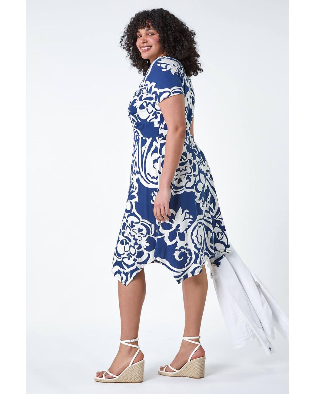 Roman Curve Blue Floral Print Twist Front Dress