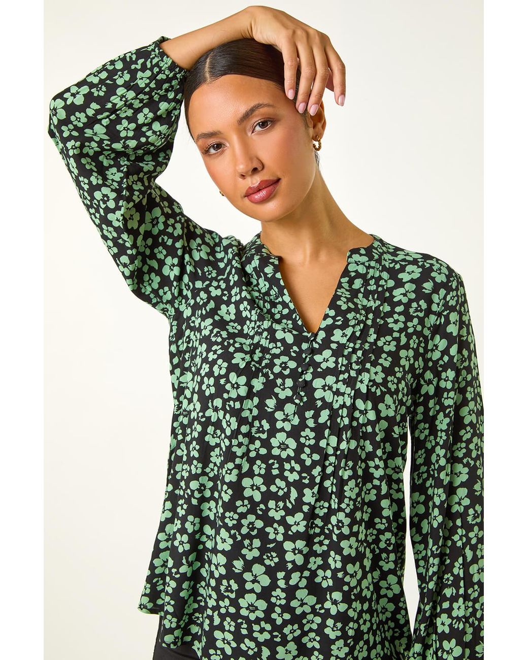 Roman Green Floral Pintuck Button Top