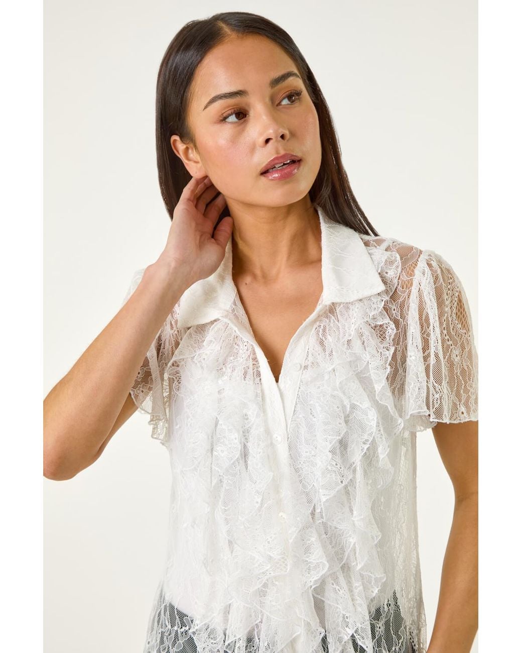 Roman Petite White Lace Frill Button Blouse