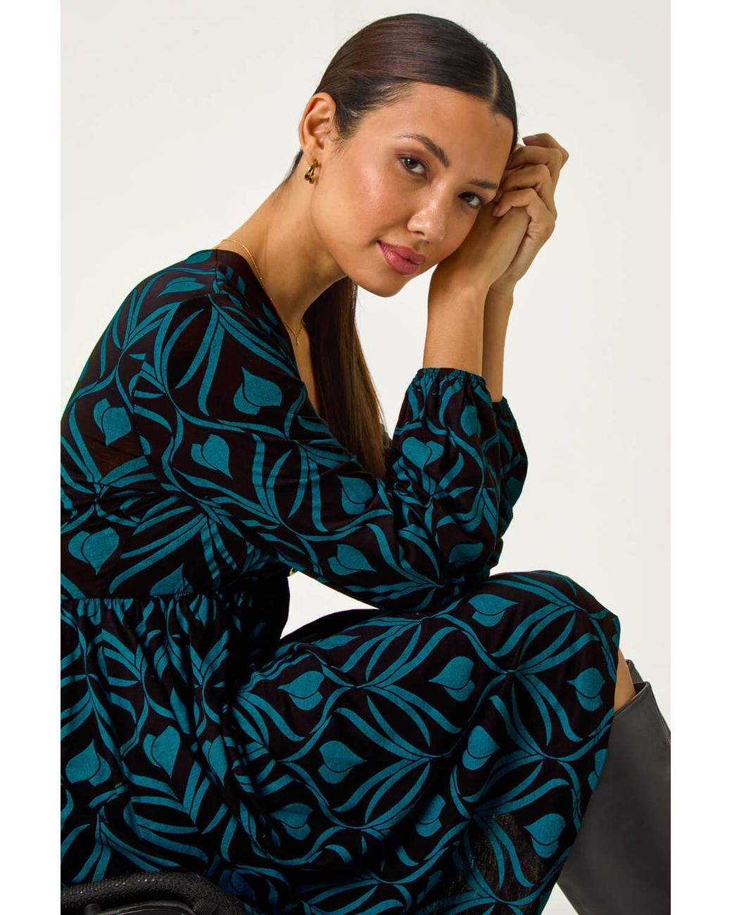 Roman Blue Geo Print Button Detail Stretch Dress