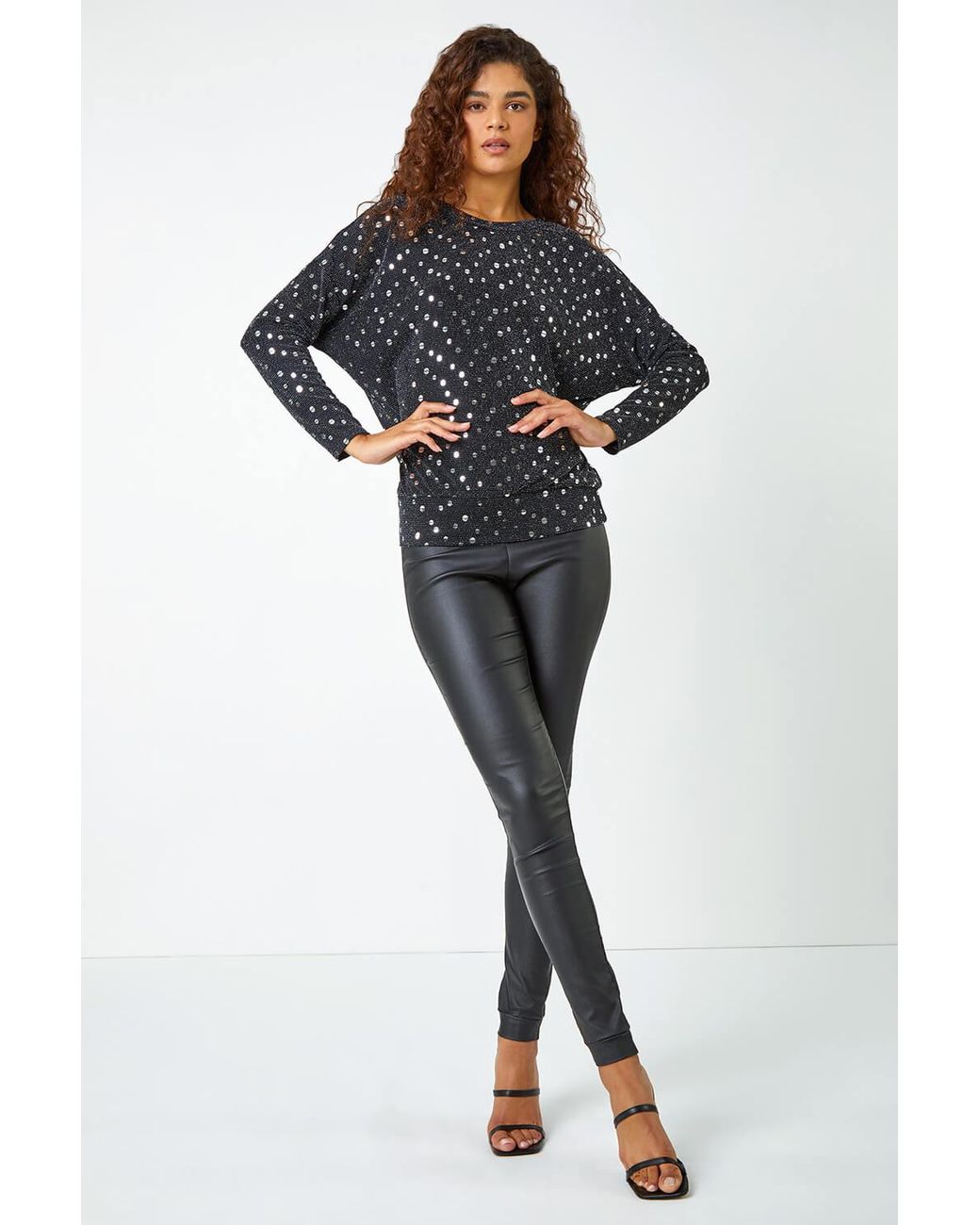 Roman Black Sequin Detail Blouson Stretch Top