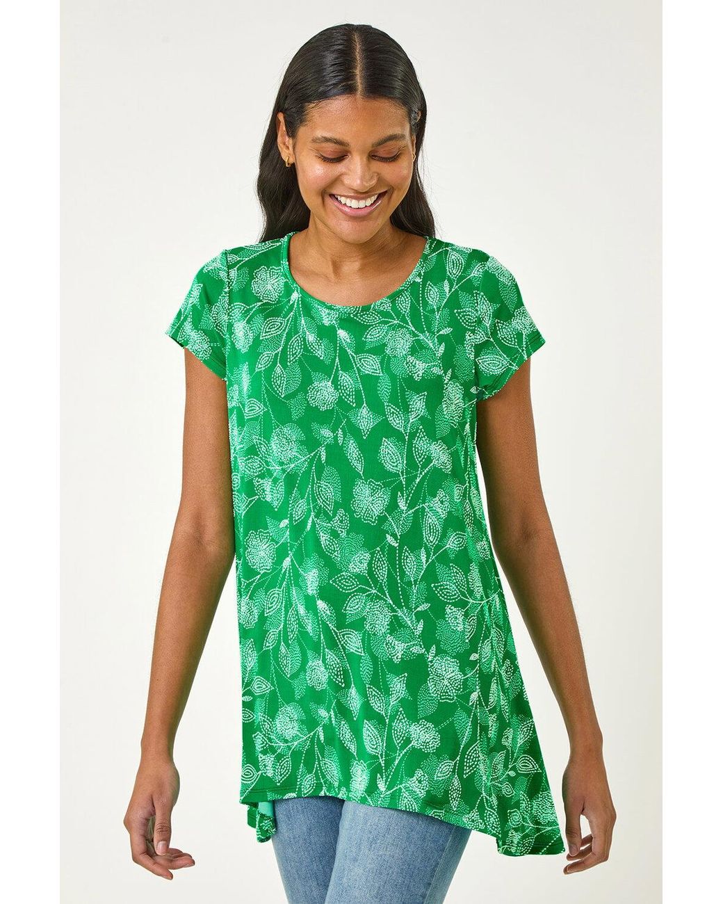 Roman Green Textured Floral Print Tunic Top