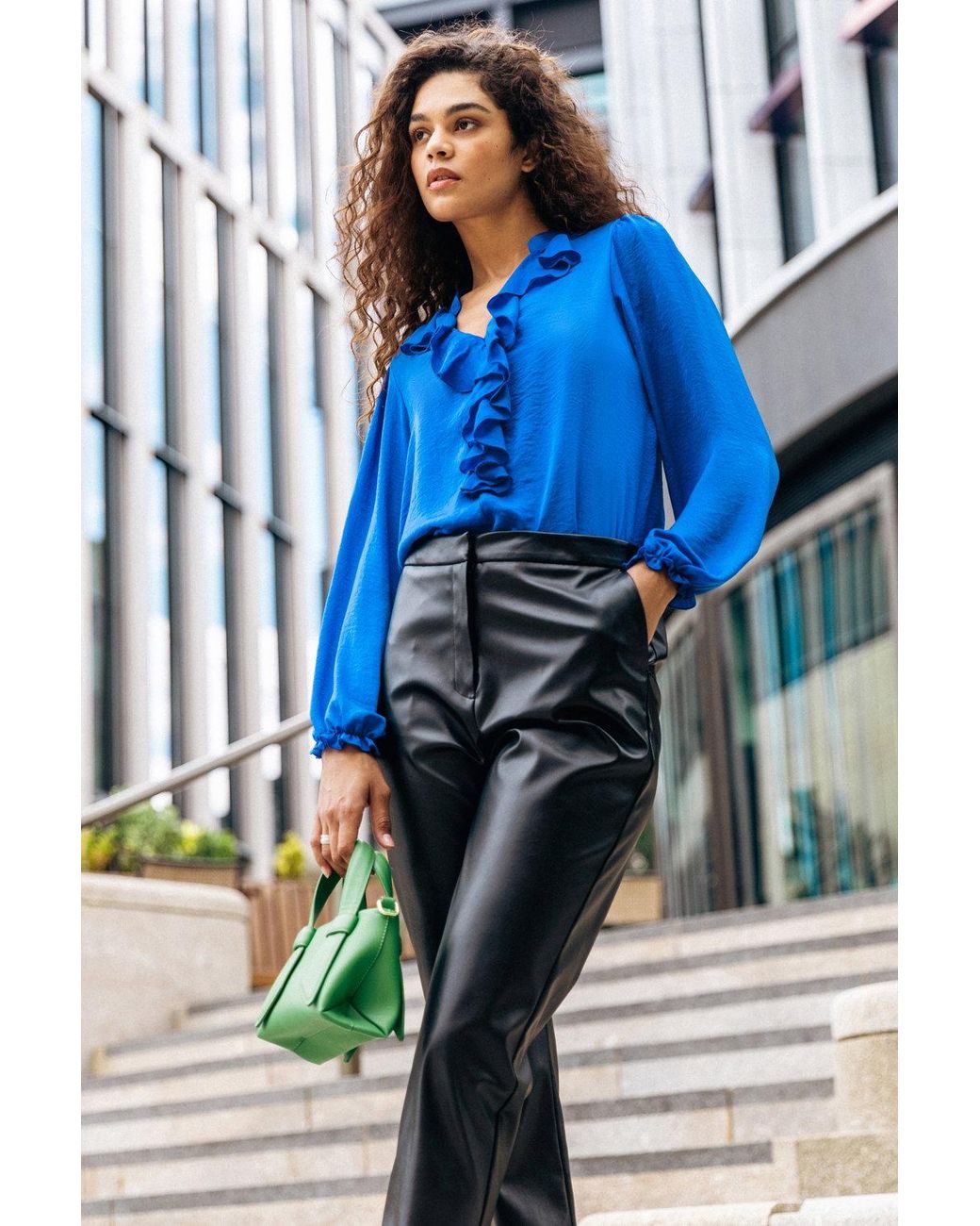 Roman Blue Satin Ruffle Neck Blouse