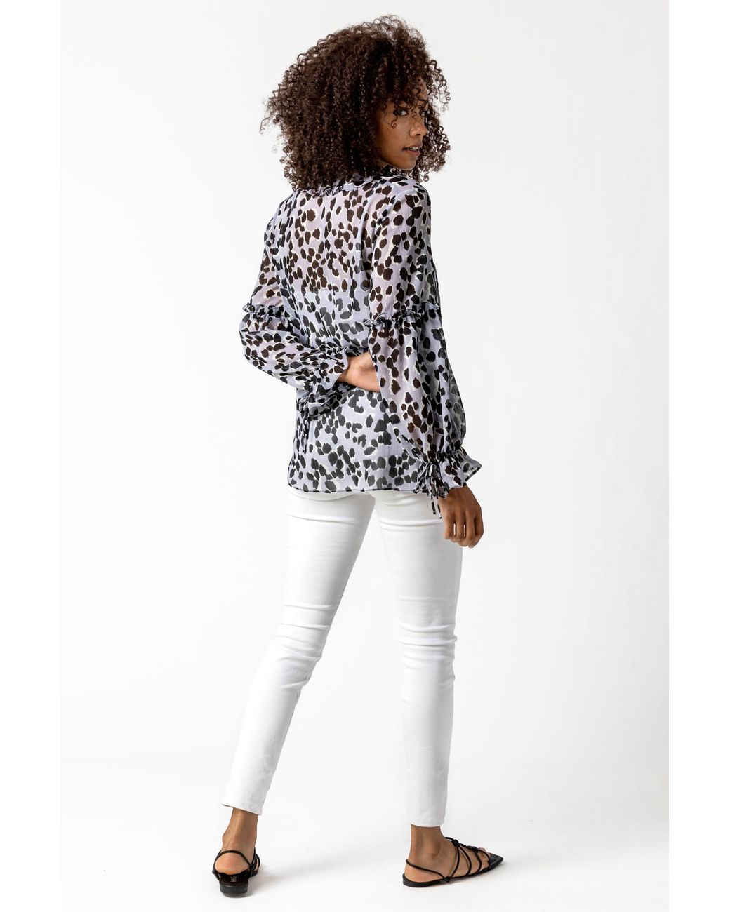 Roman Metallic Animal Print Tie Neck Blouse