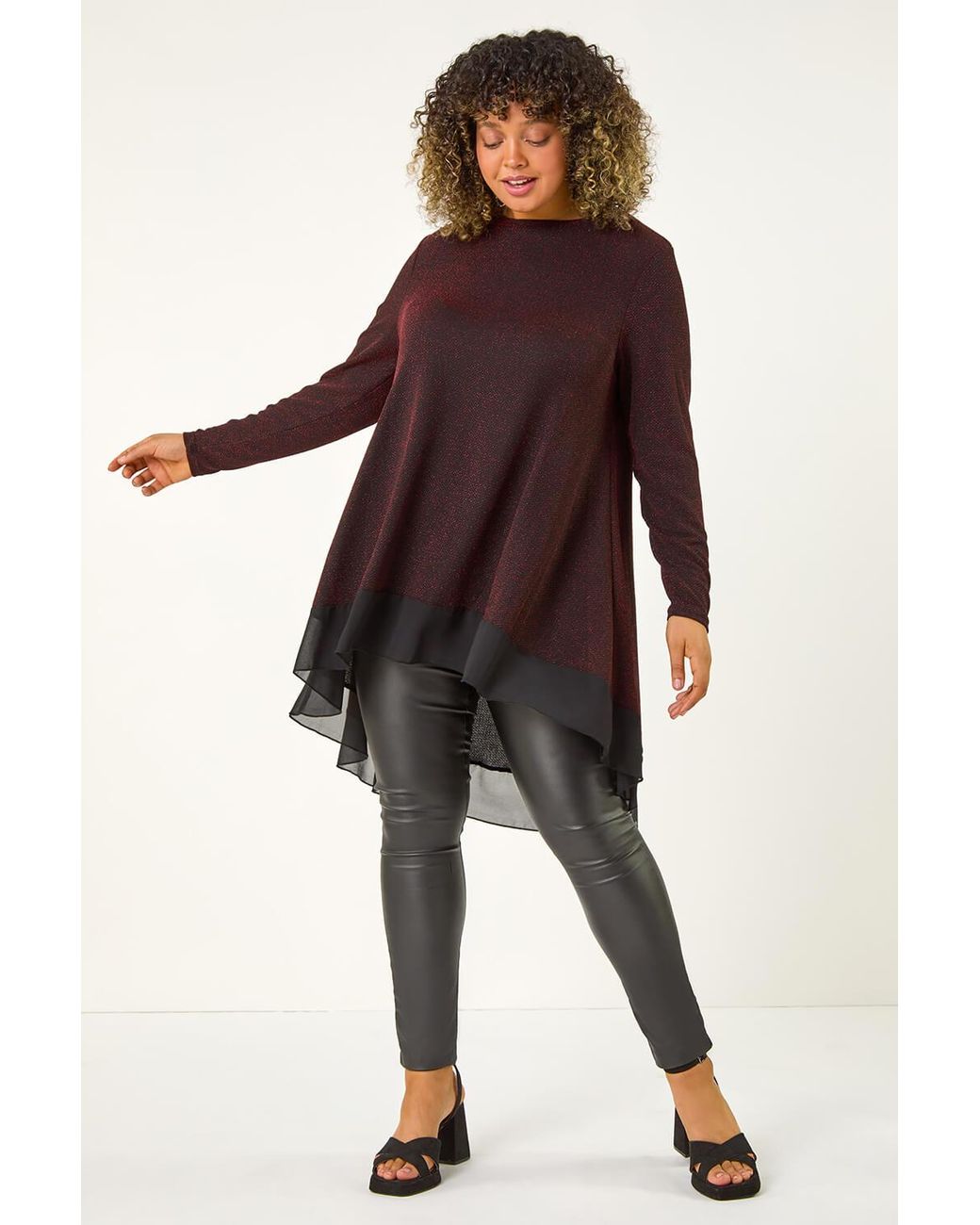 Roman Curve Red Glitter Chiffon Hem Tunic Top