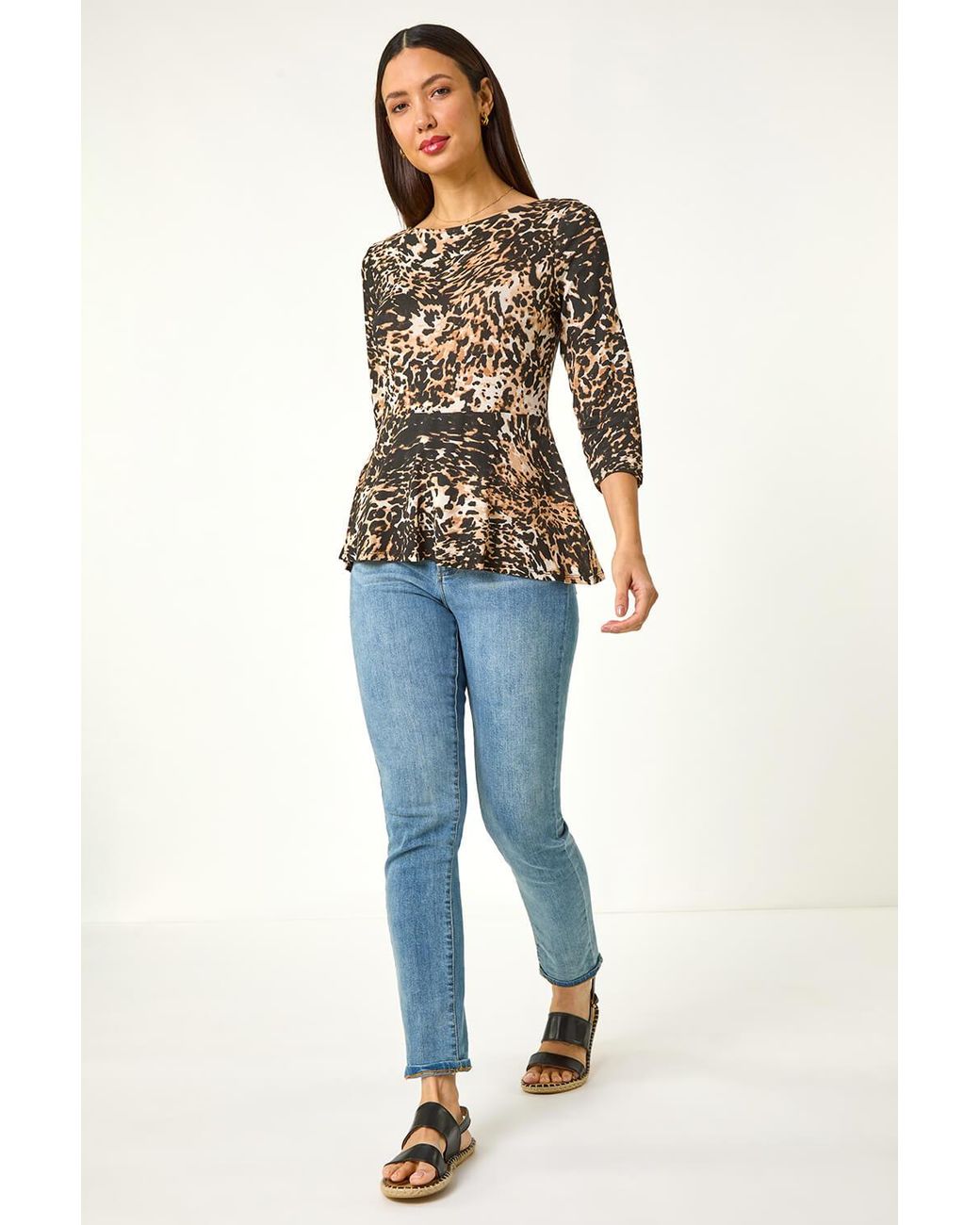 Roman Natural Animal Print Peplum Stretch Top
