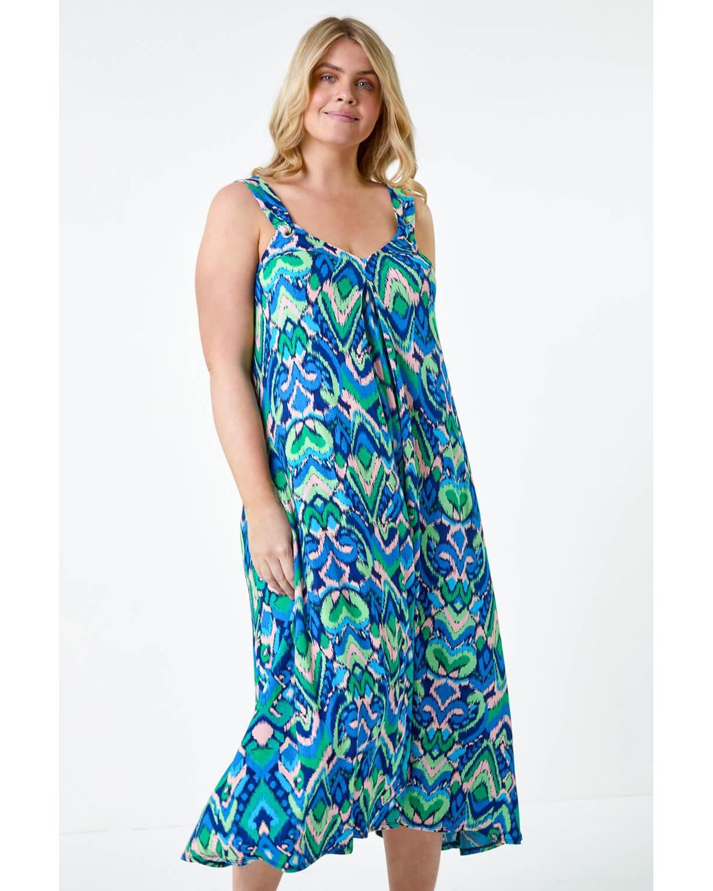 Roman Curve Blue Abstract Ring Detail Midi Dress
