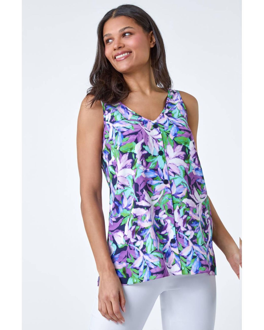 Roman Blue Sleeveless V-Neck Leaf Print Button Cami Top