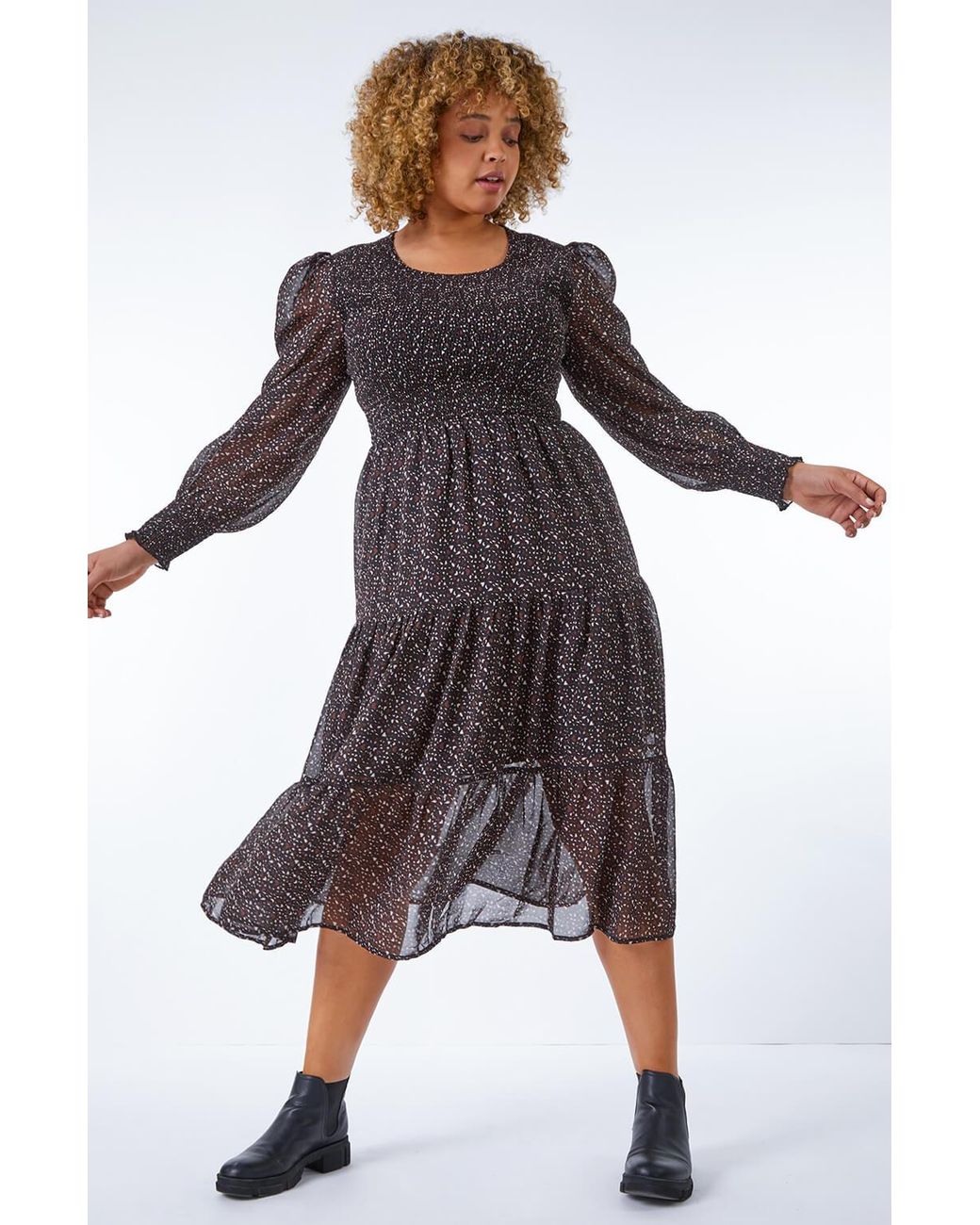 Roman Curve Brown Heart Tiered Stretch Midi Dress